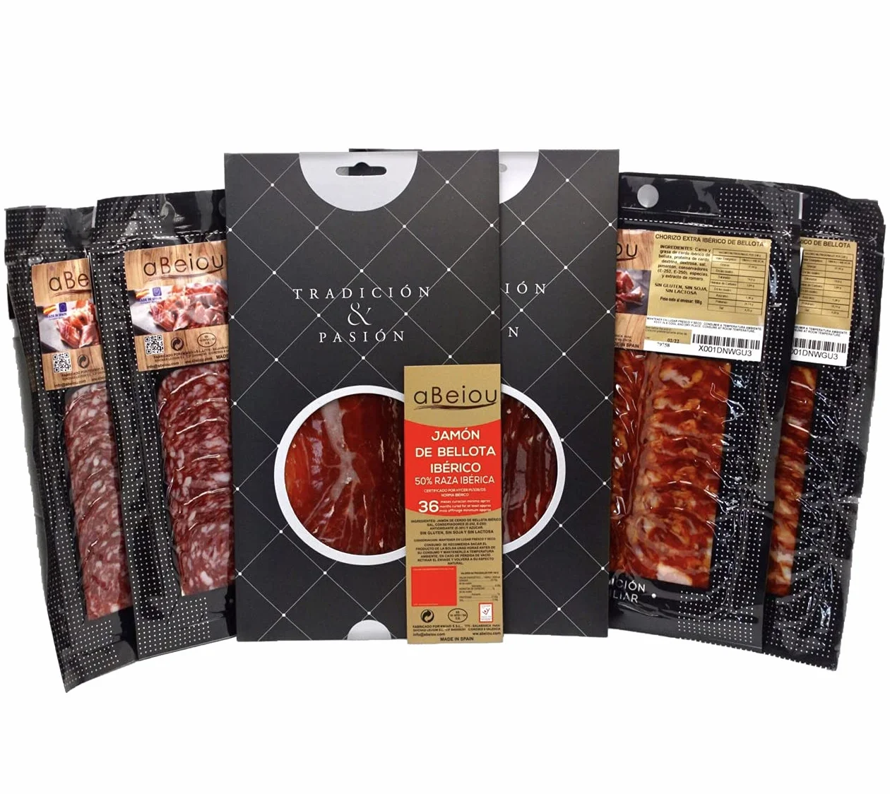Lote Surtido Loncheados Ibéricos Gourmet 600 g (6 sobres) — Jamón Ibérico Bellota + Más — Certificado Hycer Guijuelo — aBeiou