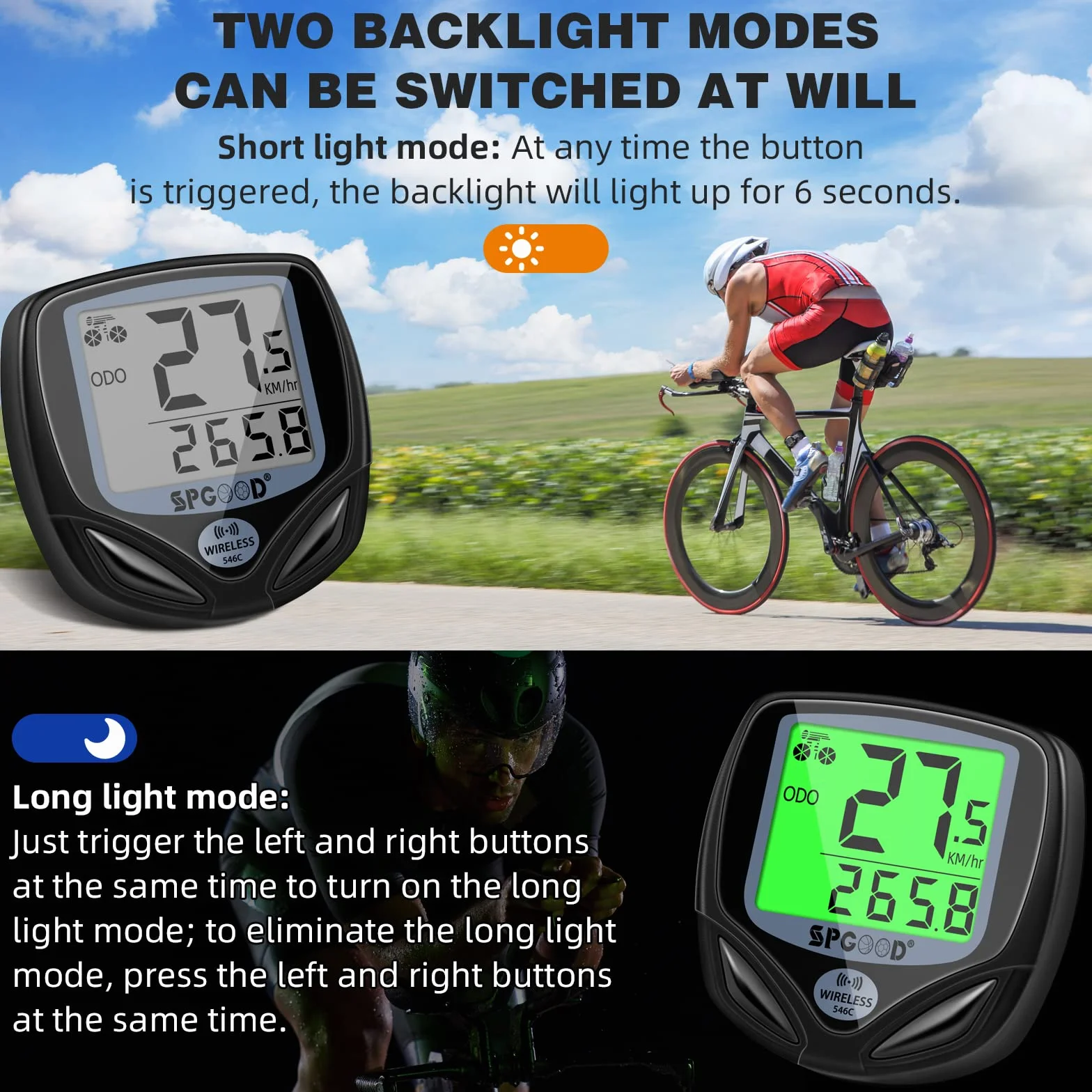 SPGOOD Cuentakilómetros Bicicleta IP54 Resistente Al Agua 19 Funciones Velocímetro con Pantalla Retroiluminada