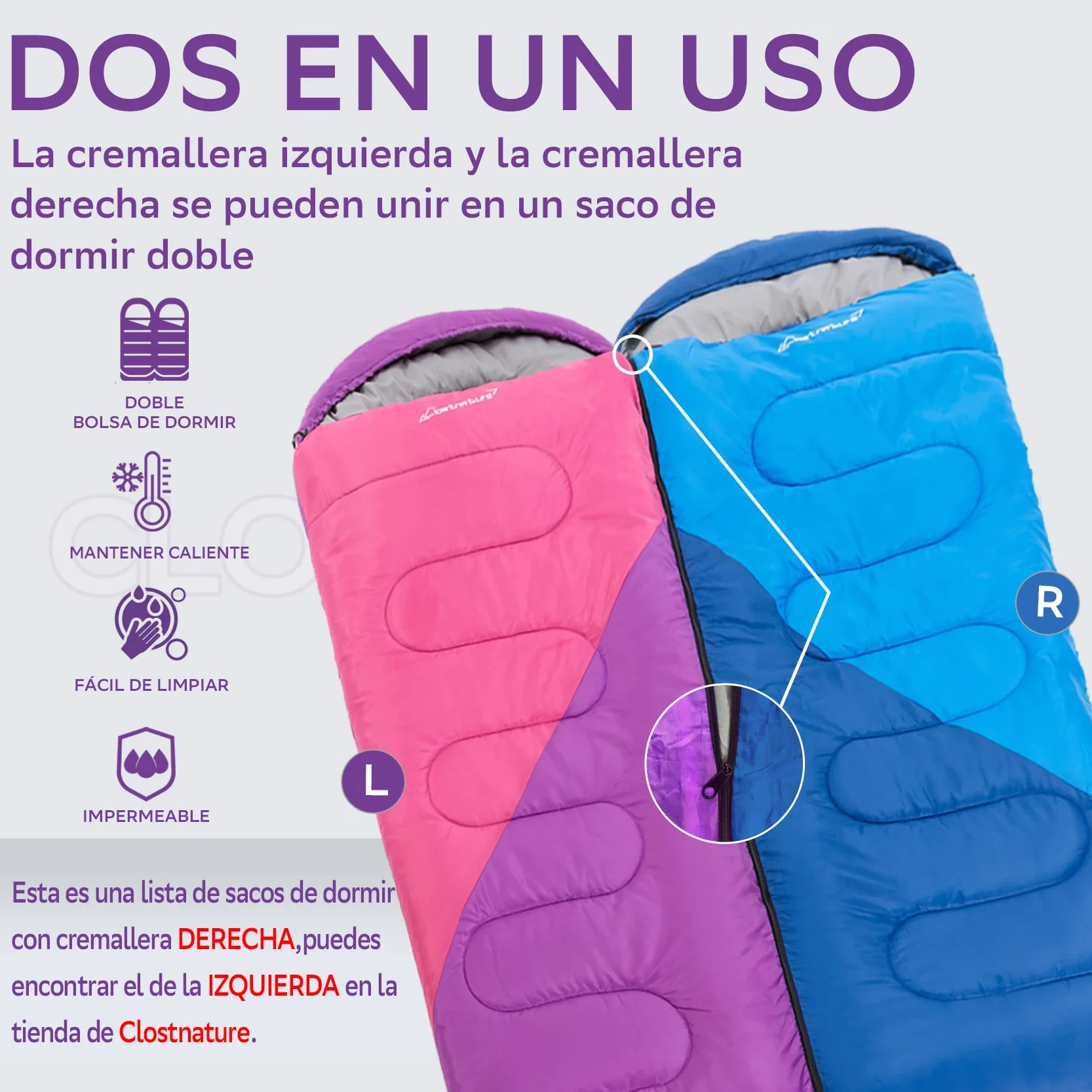Clostnature Saco de Dormir Ligero para Acampar - Saco de Dormir Rectangular Casual al Aire Libre con Tamaño de Paquete Pequeño para Adultos, Mujeres, Senderismo de Deportes (Cremallera Izquierda)
