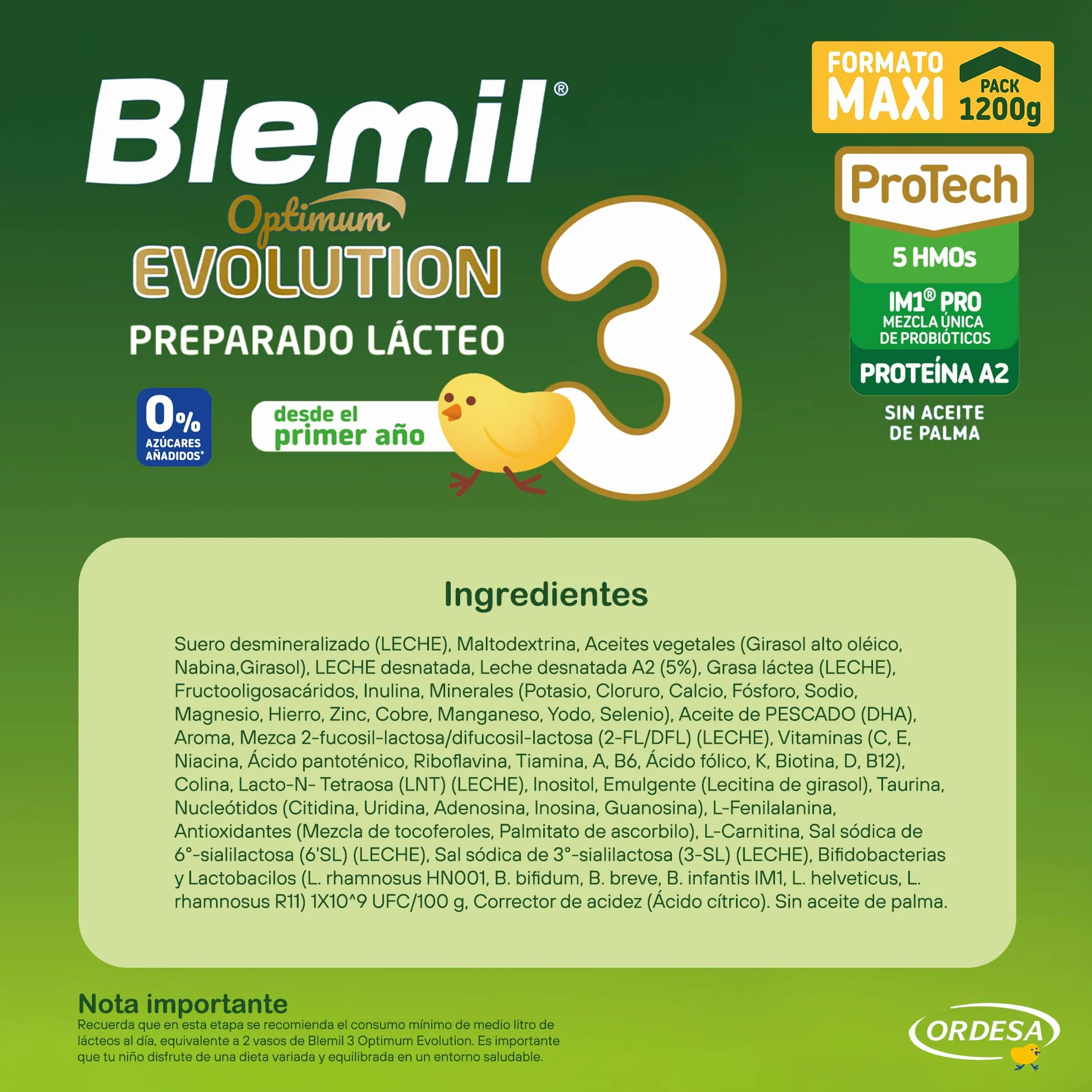 Blemil 3 Optimum Evolution 1200g Preparado Lácteo en Polvo para Niños 1-3 años 0% Azúcares Añadidos sin Aceite de Palma