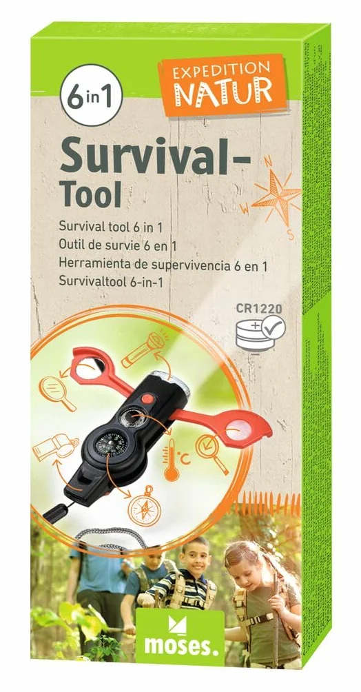 Moses Expedition Natur Survival Tool 6 in 1 - Herramienta multifunción para exploradores, compañero de viaje para exteriores y camping, Negro y Naranja
