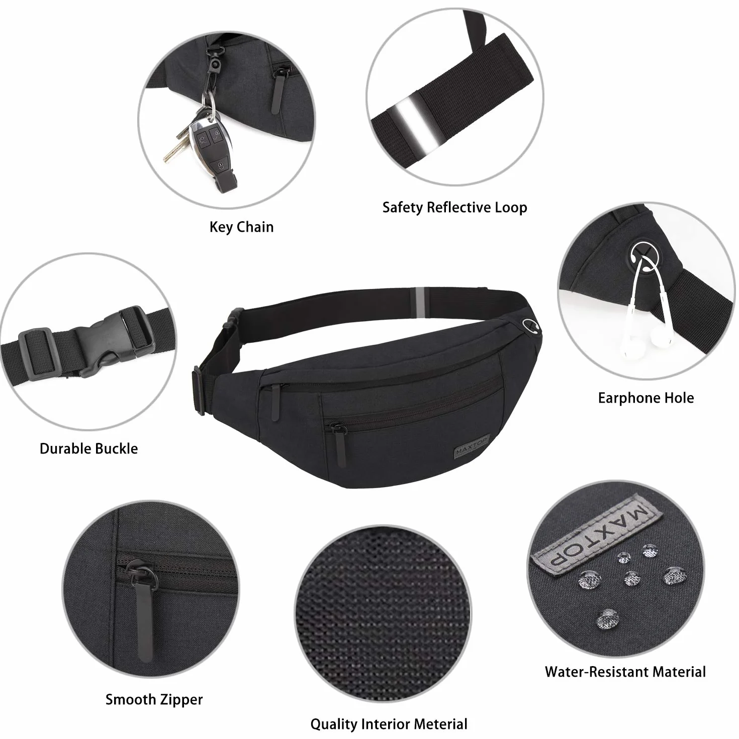MAXTOP Riñonera con Conector para Auriculares, 4 Bolsillos Cremallera, Cinturón Ajustable para Correr, Senderismo