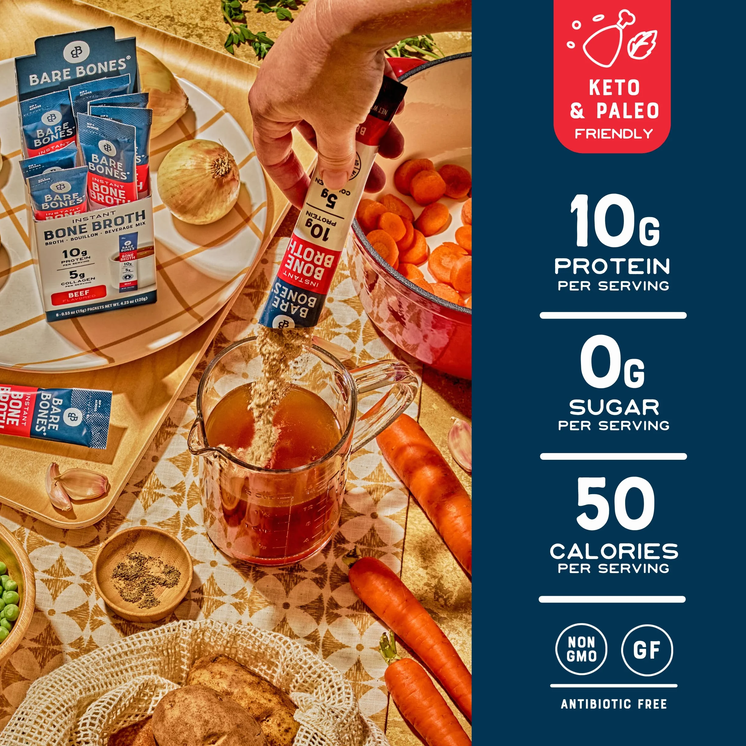 Bare Bones Caldo de hueso instantáneo en polvo proteínas 10 g Keto Paleo paquete 16 porciones
