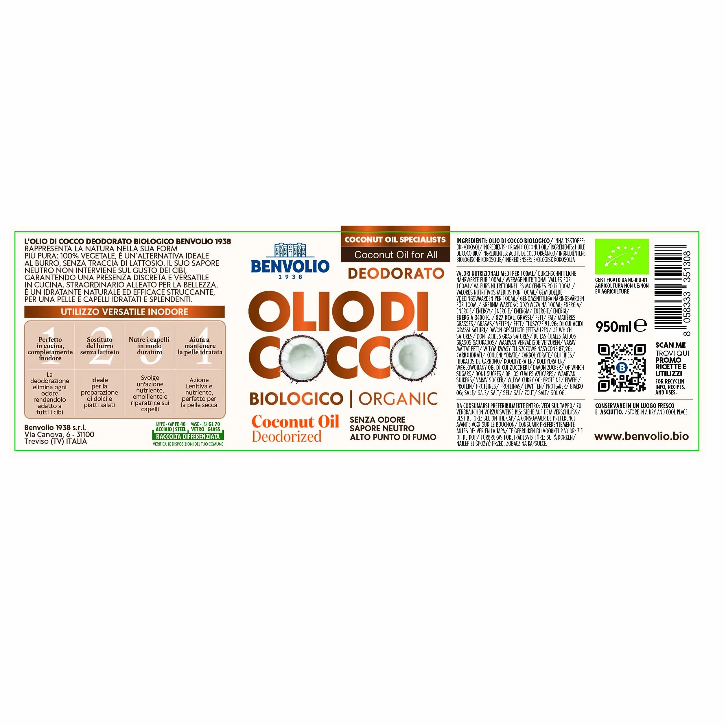 BENVOLIO - Aceite de coco orgánico desodorizado | 950 ml | Puro, versátil e inodoro | Sin lactosa | Hidratante para la piel y el cabello | Cocina y cuidado personal | Aceite de coco y kokosöl