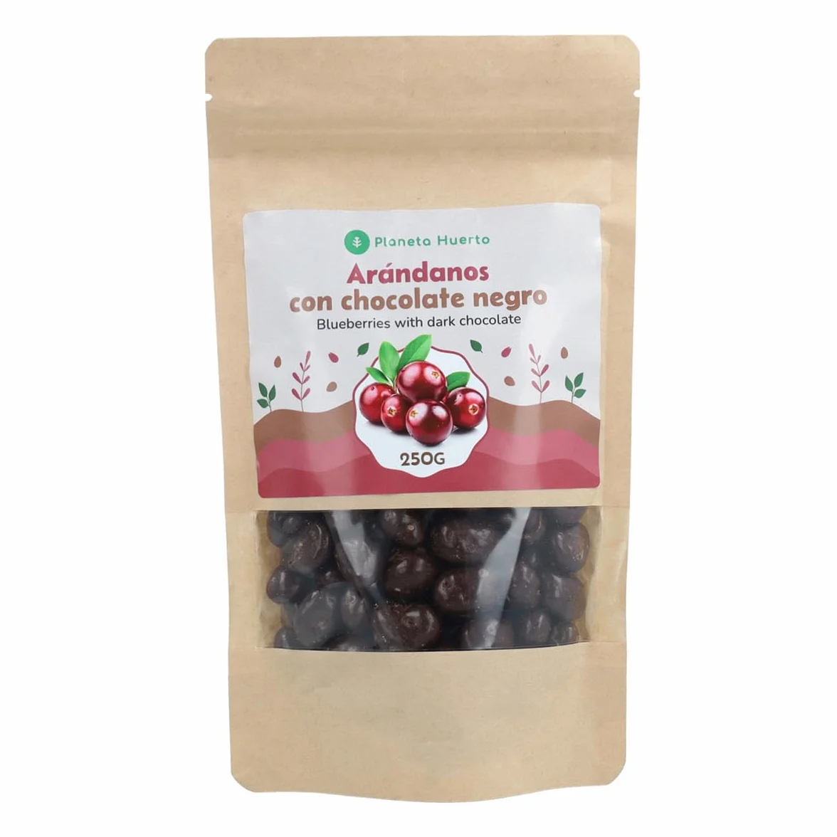 PLANETA HUERTO | Arándanos con Chocolate Negro 250g – Arándanos Snack Saludable de Fruta Deshidratada Recubierta con Chocolate Amargo, Rico en Antioxidantes y Sabor Intenso