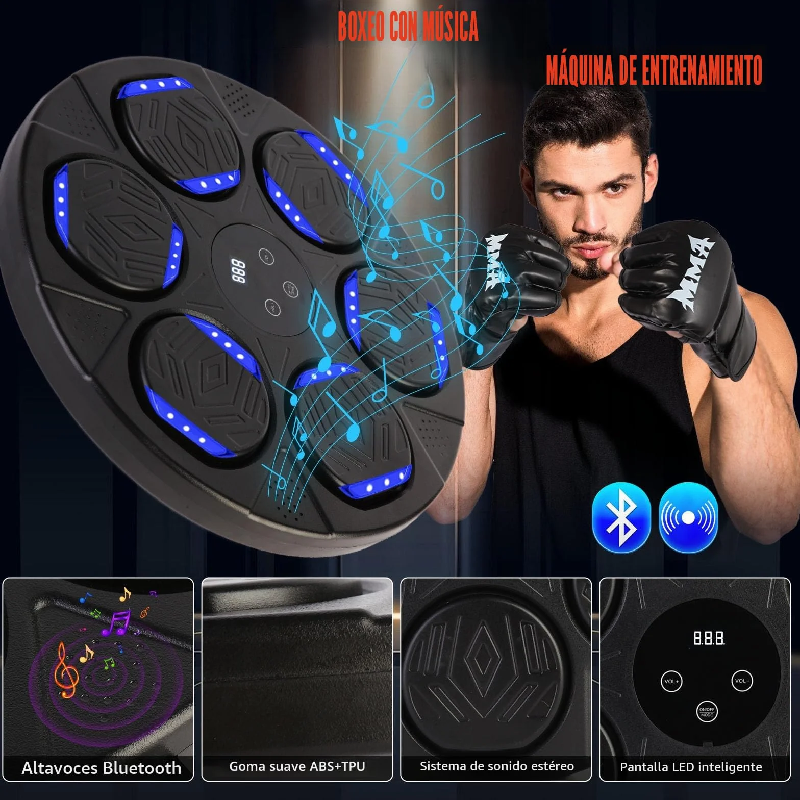 Máquina de Boxeo con Música, Montaje en Pared, Entrenador Inteligente Bluetooth con Luz LED, 7 Modos de Velocidad, Guantes para Adultos y Niños