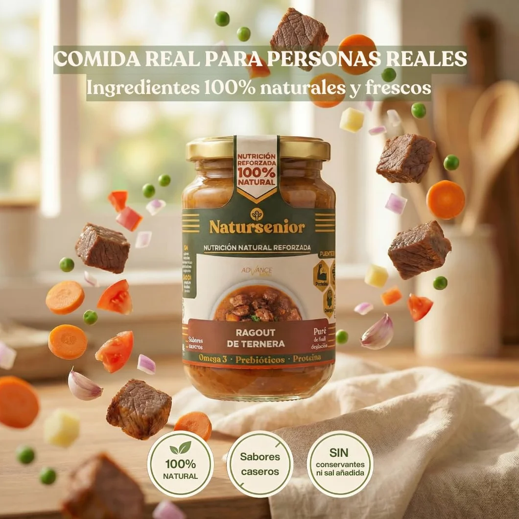 Natursenior - Comida Triturada para Personas Mayores - Pack Mensual Purés Comidas y Cenas x60-100% Natural, Omega 3, Fibra, Proteína - 60 uds x 340g