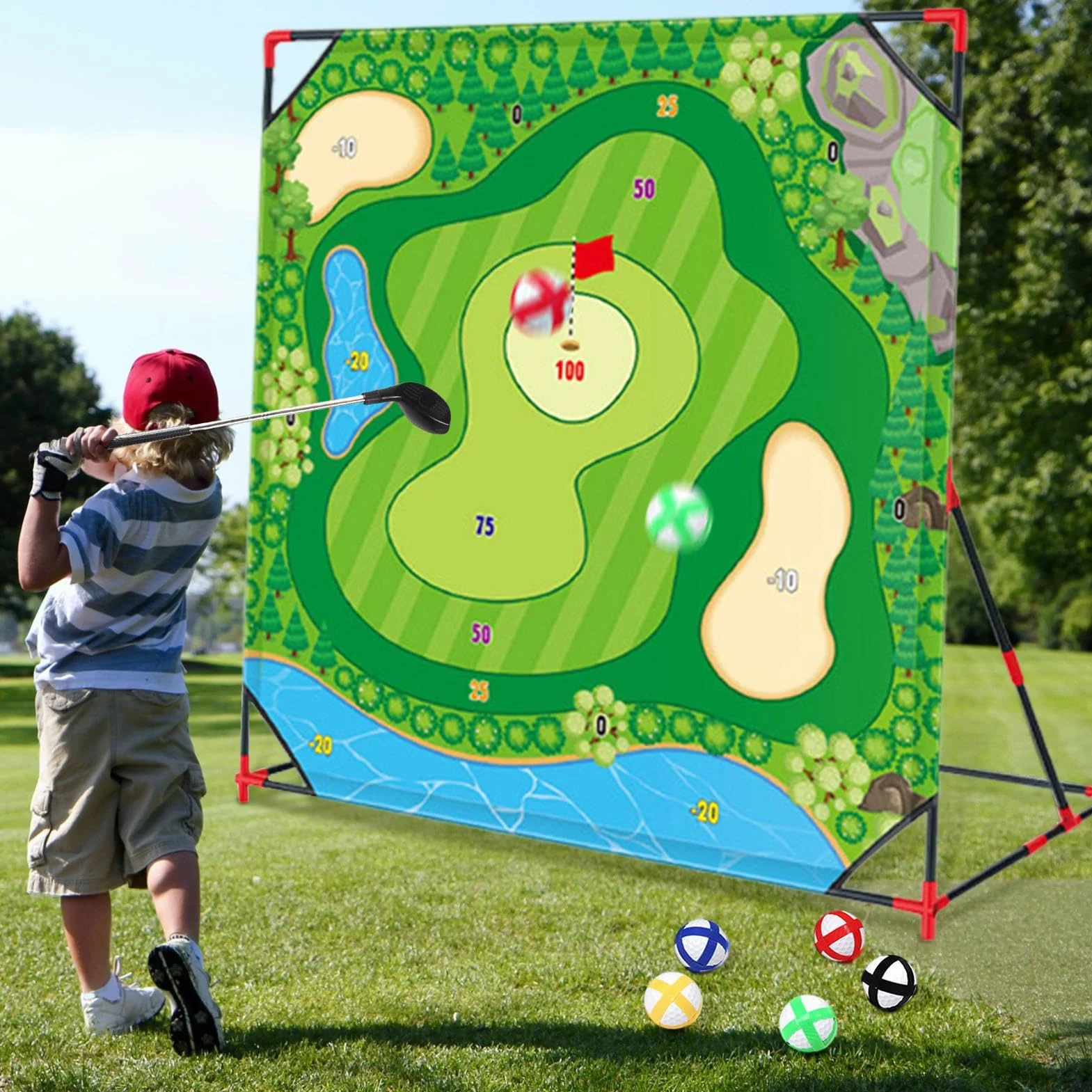 Esterilla de entrenamiento de golf 137 cm con 24 bolas adherentes y soporte