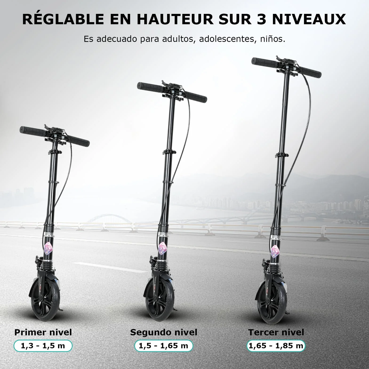 ISE Patinete Scooter Plegable Adulto Niño Manillar Ajustable 93-107cm Ruedas 200mm Freno de Mano Máx 100kg
