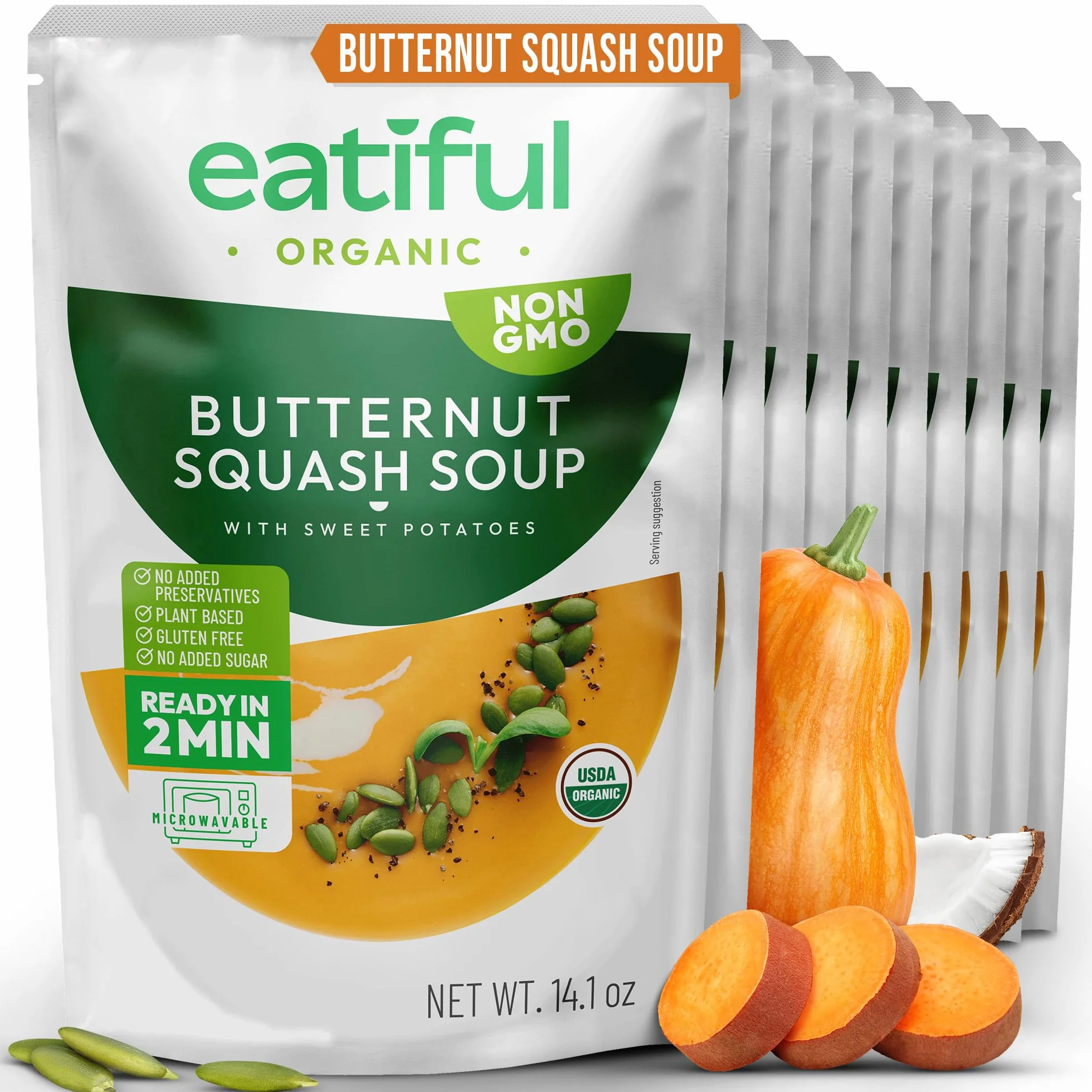EATIFUL Sopa de Calabaza Moscada, Deliciosa Sopa de Calabaza Moscada Lista Para Comer con Boniatos, Elaborada con Verduras Ecológicas, de Origen Vegetal, sin Gluten y OMG, 400g (Paquete De 10)