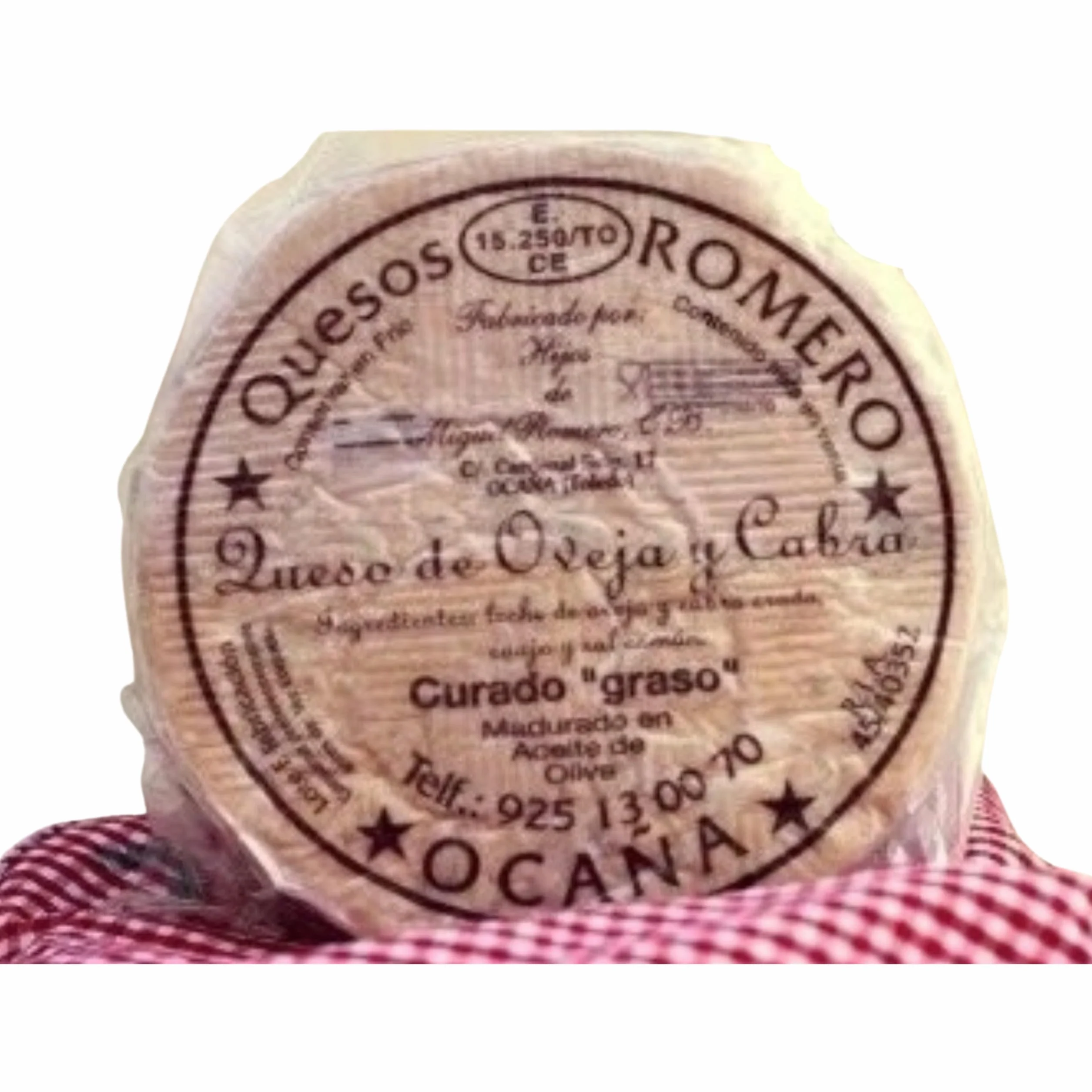 1/2 QUESO ROMERO OCAÑA para paladares exquisitos, graso, mantecoso, con pique, granuloso y quebradizo, color ocre, debido a su larga maduración de hasta 2 años