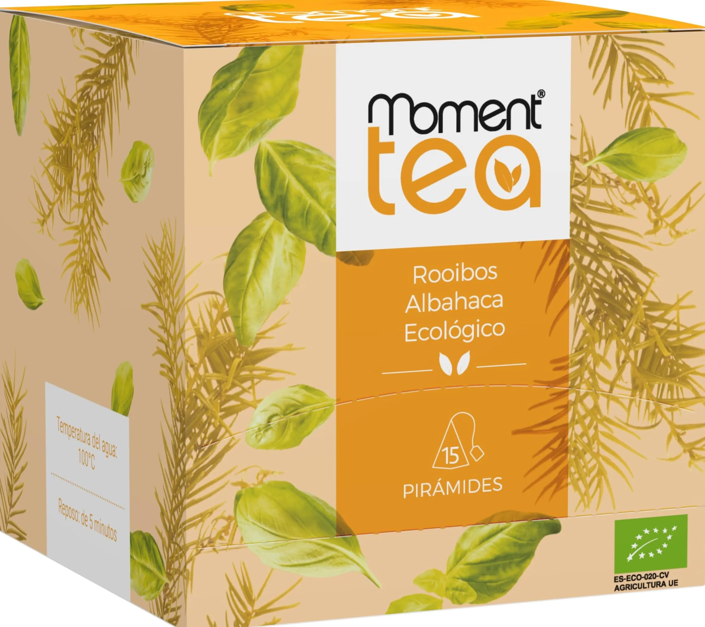 Moment Tea- Infusión Rooibos Albahaca Ecológico estuche de 15 pirámides de 2g (Paquete de 5)