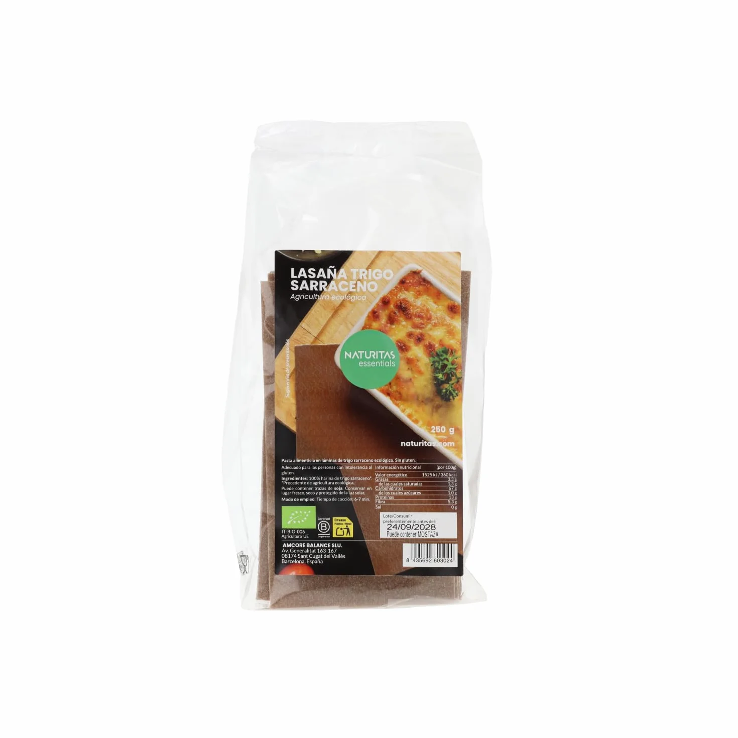 Lasaña trigo sarraceno BIO sin gluten | 250 g | Naturitas Essentials | Láminas de lasaña Bio sarraceno | Sin gluten precocidas | Pasta