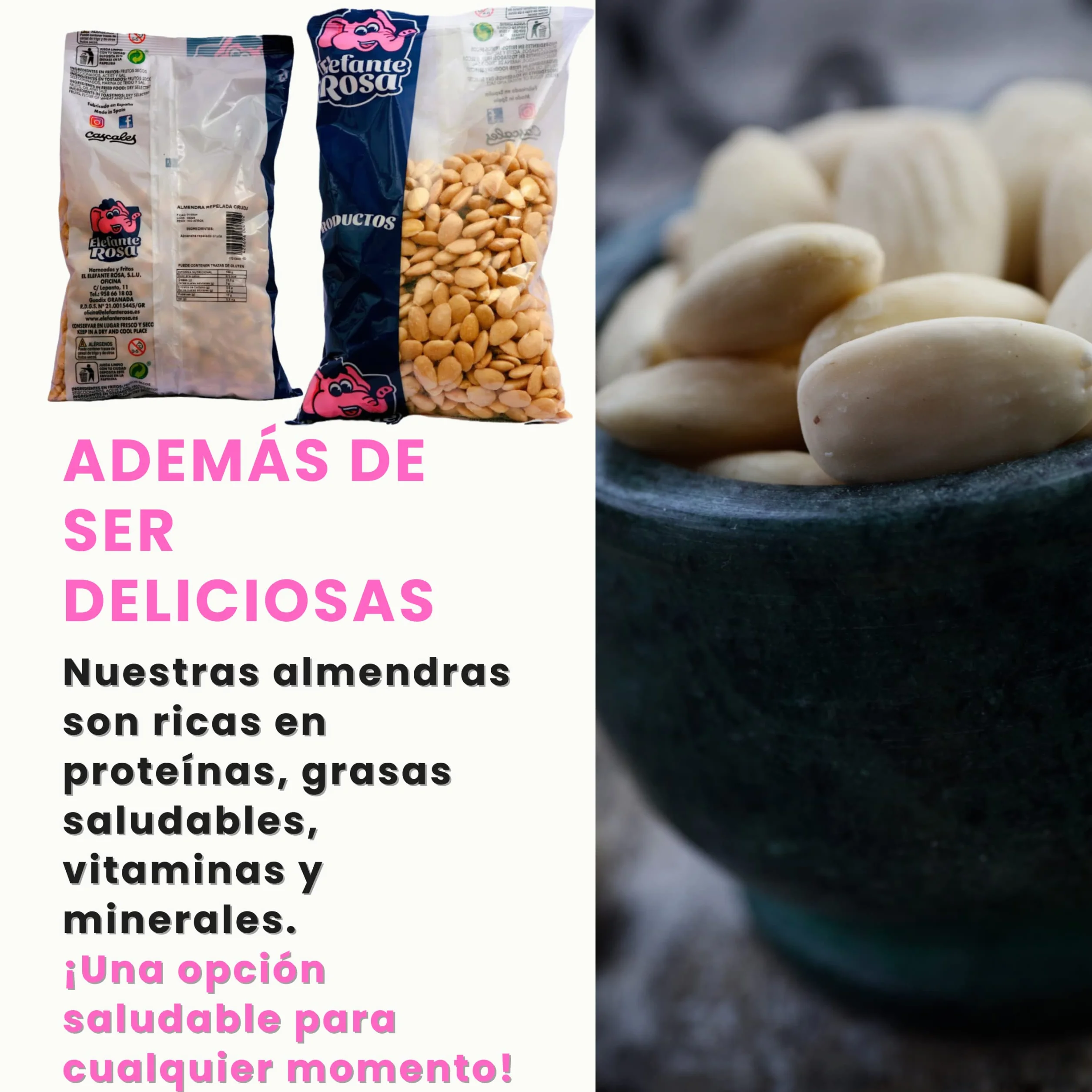Almendras Peladas Crudas Bolsa de 1 Kg El Elefante Rosa - Fuente Rica y Saludable de Proteínas y Vitaminas - Almendras Naturales Enteras para una Dieta Balanceada y Snack Saludable