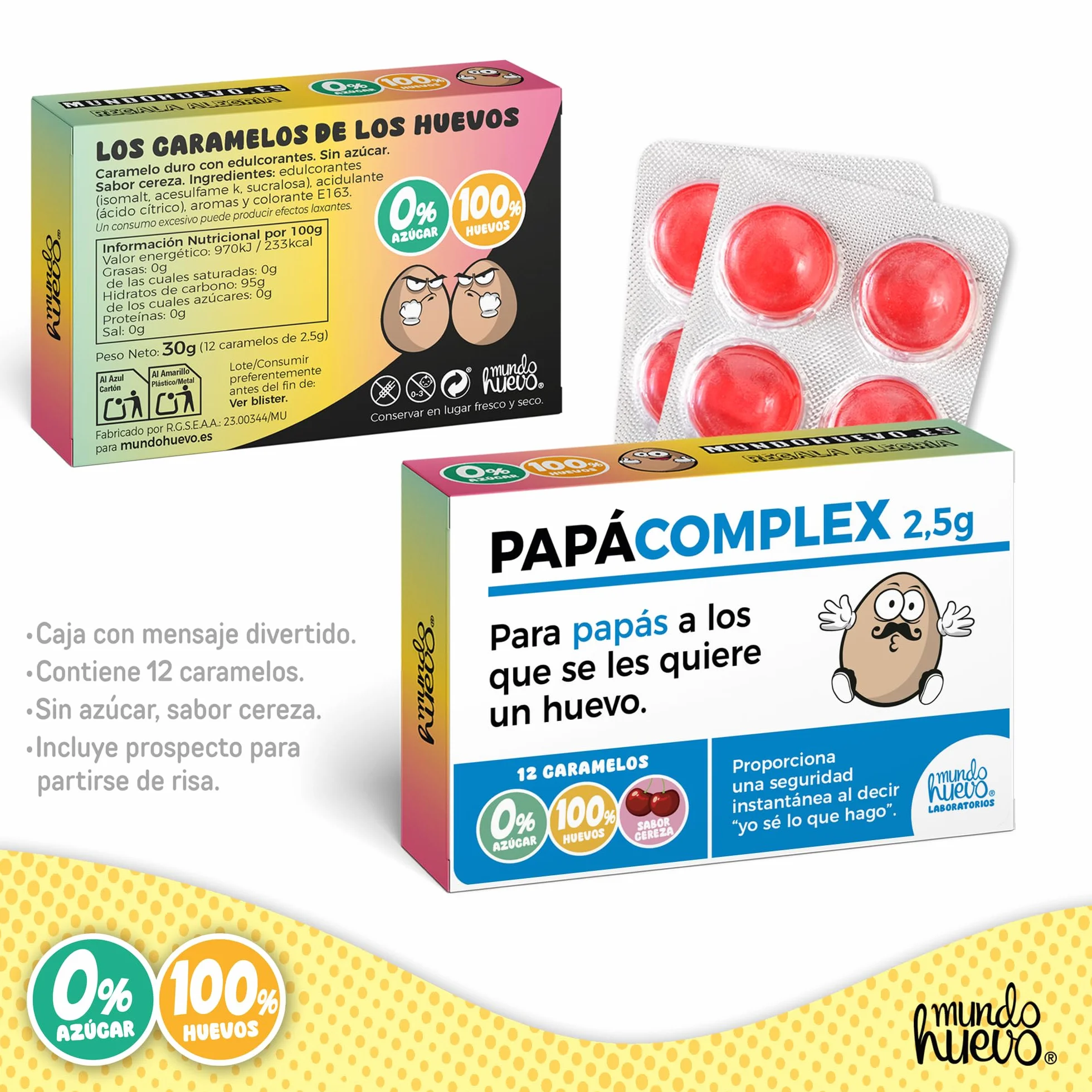 mundohuevo Regalo Divertido Dia del Padre | Taza Personalizada Papa TE Queremos UN Huevo, Caramelos de Broma PAPACOMPLEX y Calcetines Sorpresa.