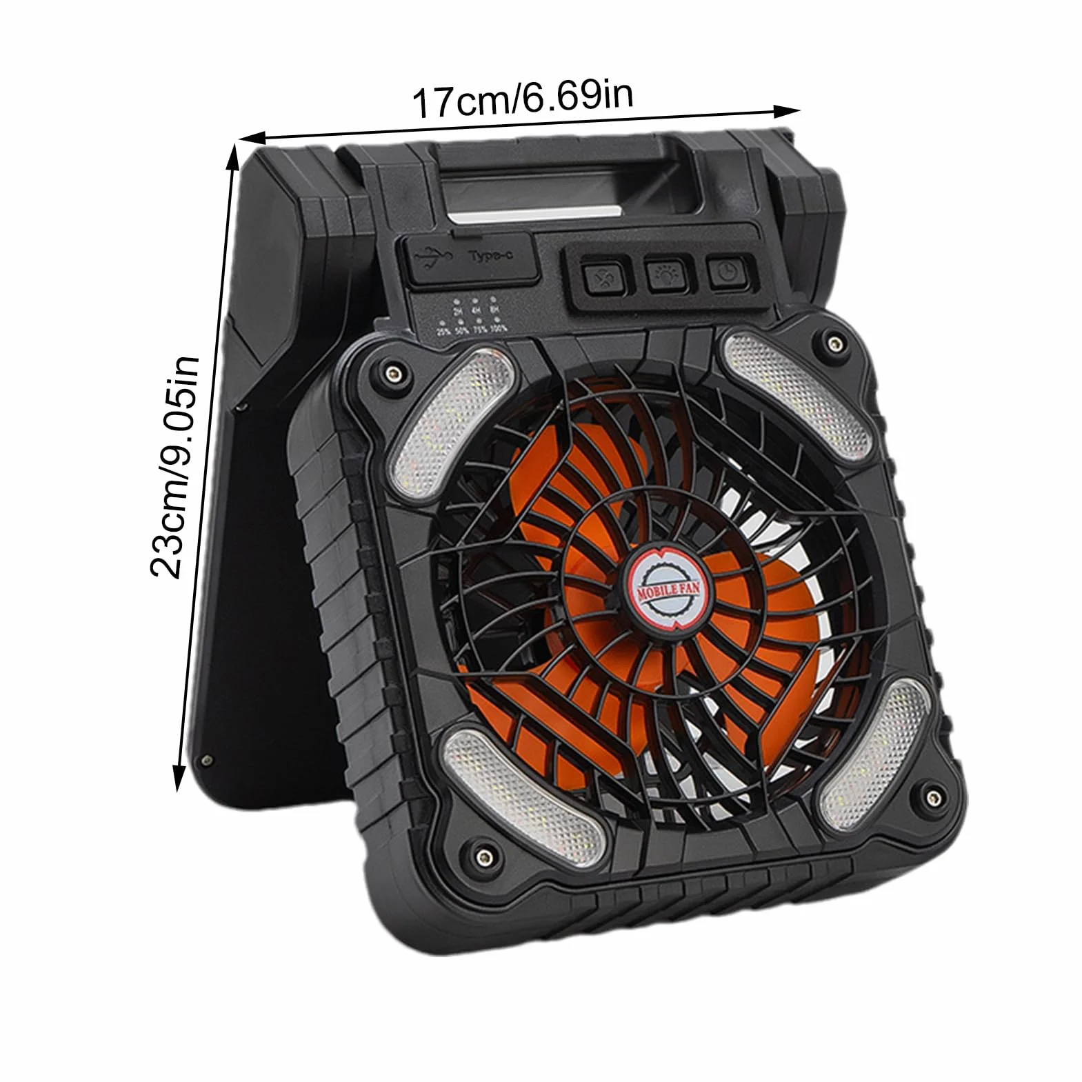 Ventilador Solar Portátil LED con 4 Velocidades y 3 Brillos, Batería de 100, para Acampar