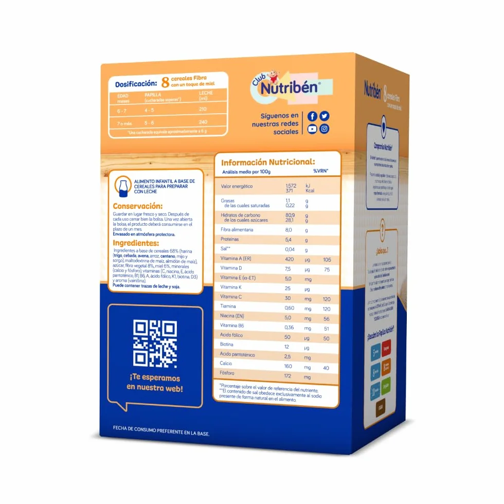 Nutribén Papilla 8 Cereales con un toque de Miel y Fibra, 3600g, Alimento para Bebés a partir de 6 meses, Sin azúcares añadidos, Sin aceite de palma, Paquete de 6 unidades de 600g