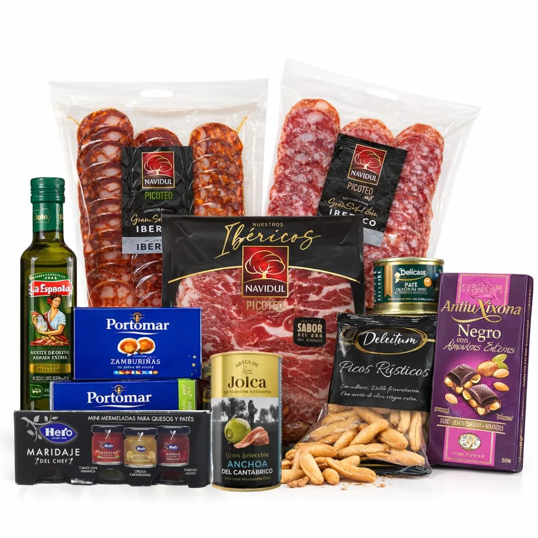 Cesta Gourmet para Regalar FAMILYCOM con Ibéricos, Aceite de Oliva, Chocolate, Jamón y Zamburiñas