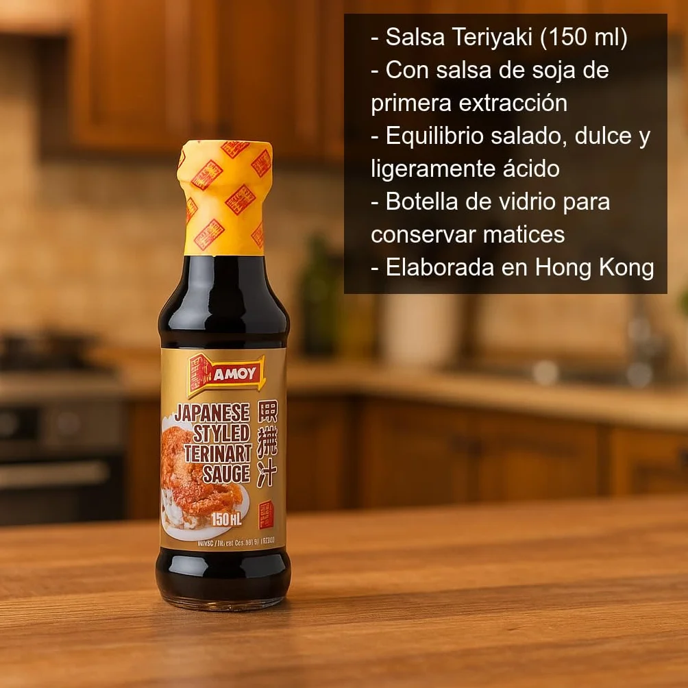 Salsa Teriyaki Japonesa 150 ml en botella de vidrio, soja de primera extracción para marinar y glasear pollo, salmón, tofu, wok y noodles