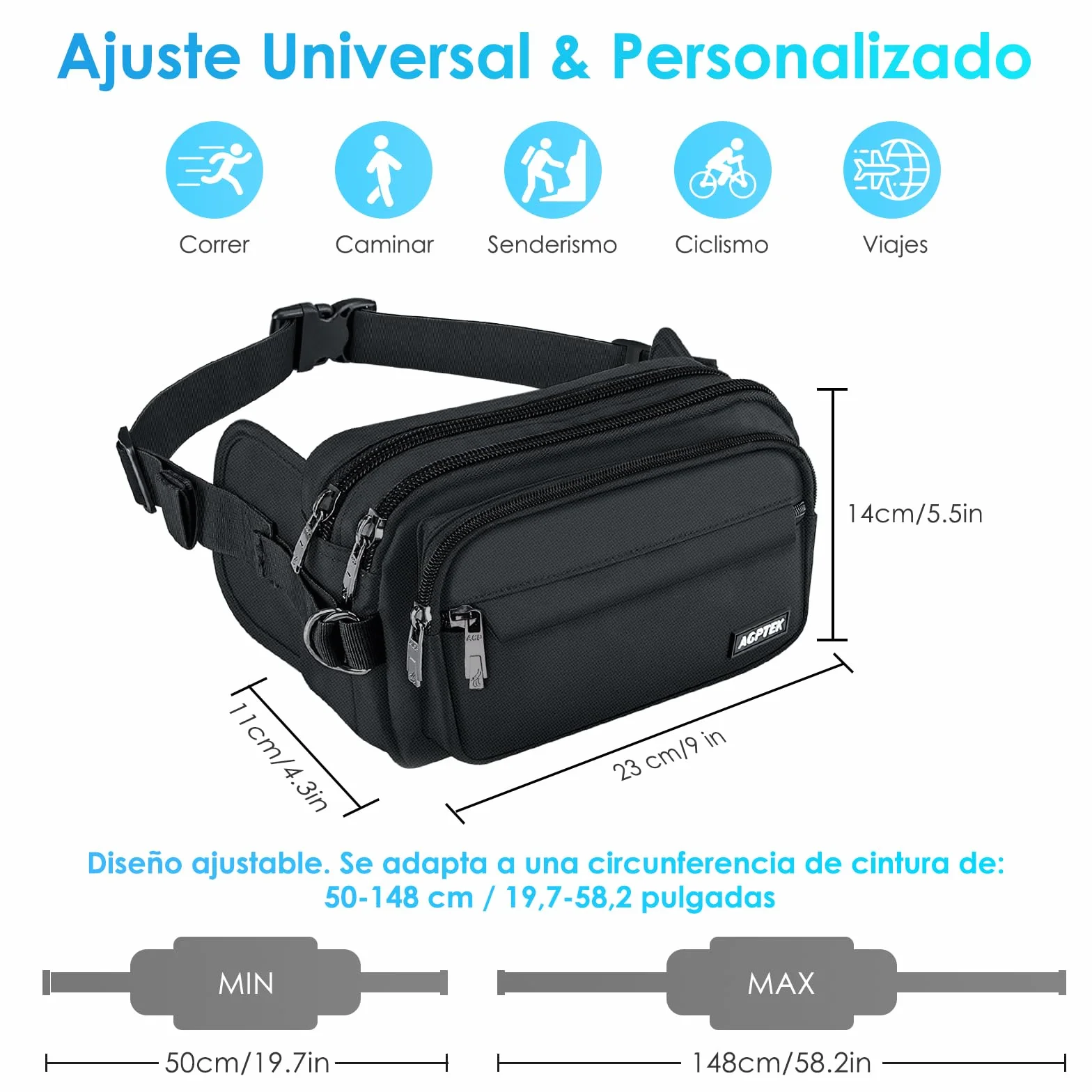 AGPTEK Riñonera Deportiva Grande Antirrobo RFID 5 Bolsillos Cinturón Ajustable para Running Viaje