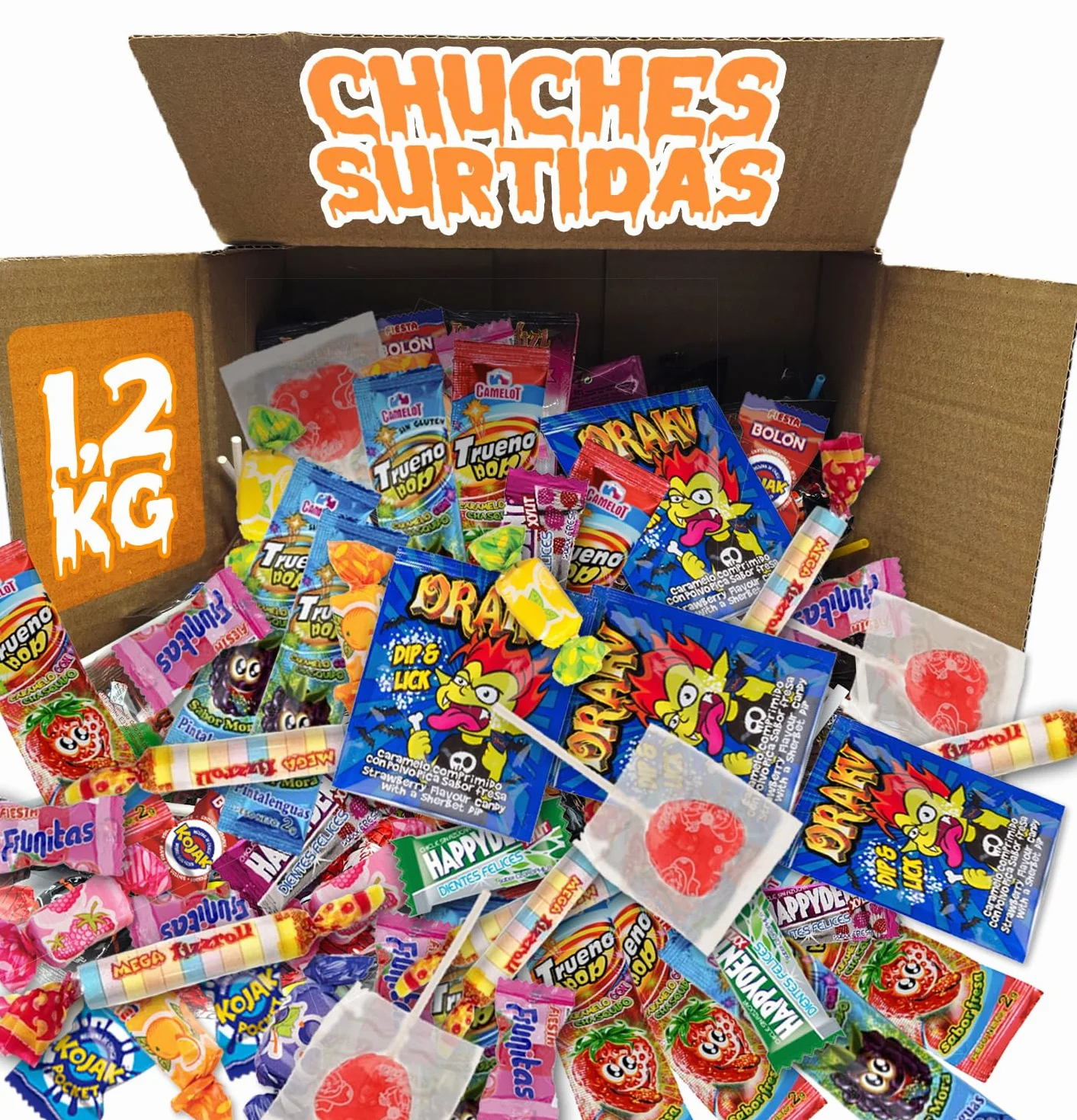 Caja Regalo Original Chuches y Caramelos Surtidos 1,2kg - Pack Golosinas Variadas con Frunitas, Kojak, Piruletas, Peta Zeta, Chicles y Más - Regalo Dulces