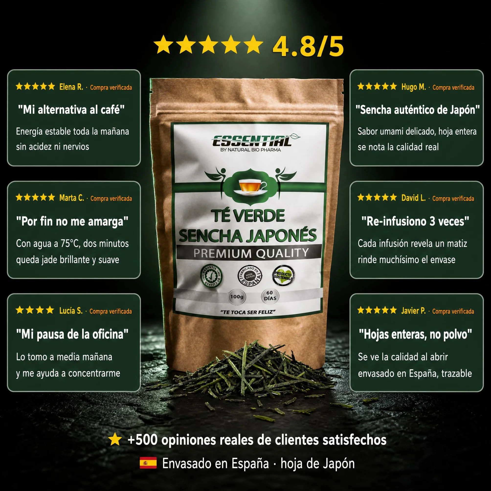Té Verde Sencha Japonés 100% Natural y Orgánico. Potente Quemagrasas con Efecto Adelgazante y alto contenido de Antioxidantes (refuerza tu Sistema Inmunológico). Detox Té.