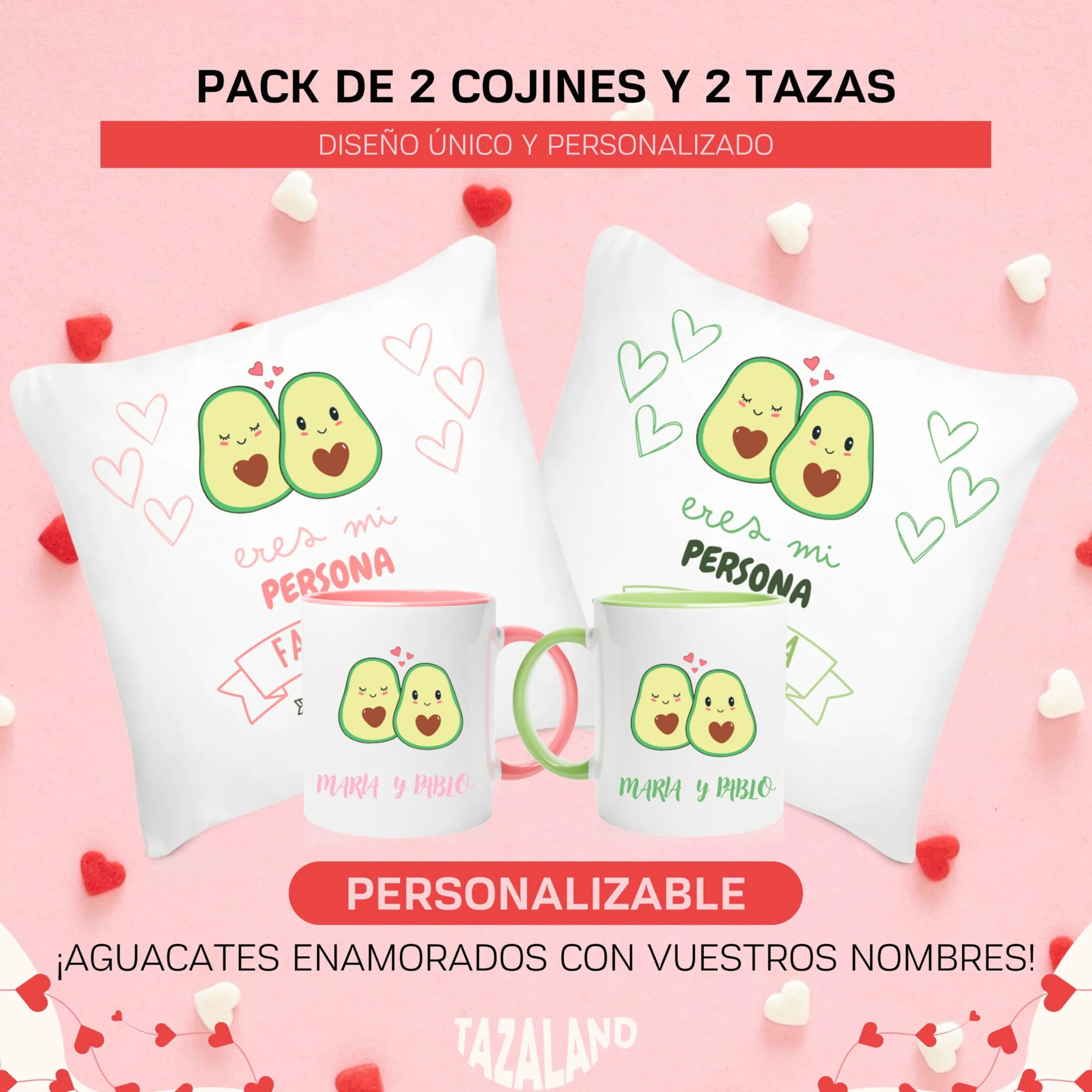 Regalo Personalizado San Valentín | Pack 2 Tazas y 2 Cojines - Aguacates | Regalos Originales Mujer Hombre | Regalos para Parejas, Novia, Novio | Detalles Románticos