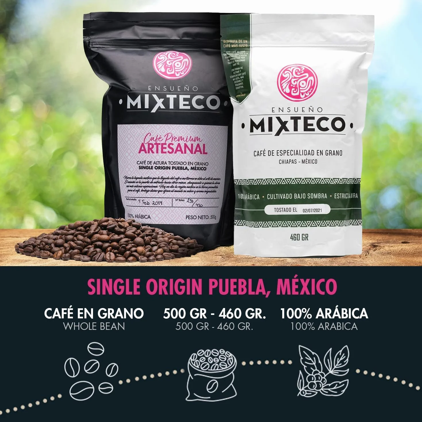 Ensueño Mixteco - Pack 2 Bolsas de Café en Grano de Especialidad y Tostado Natural - 460g + 500g - 100% Arábica - Producción Artesanal - Origen México