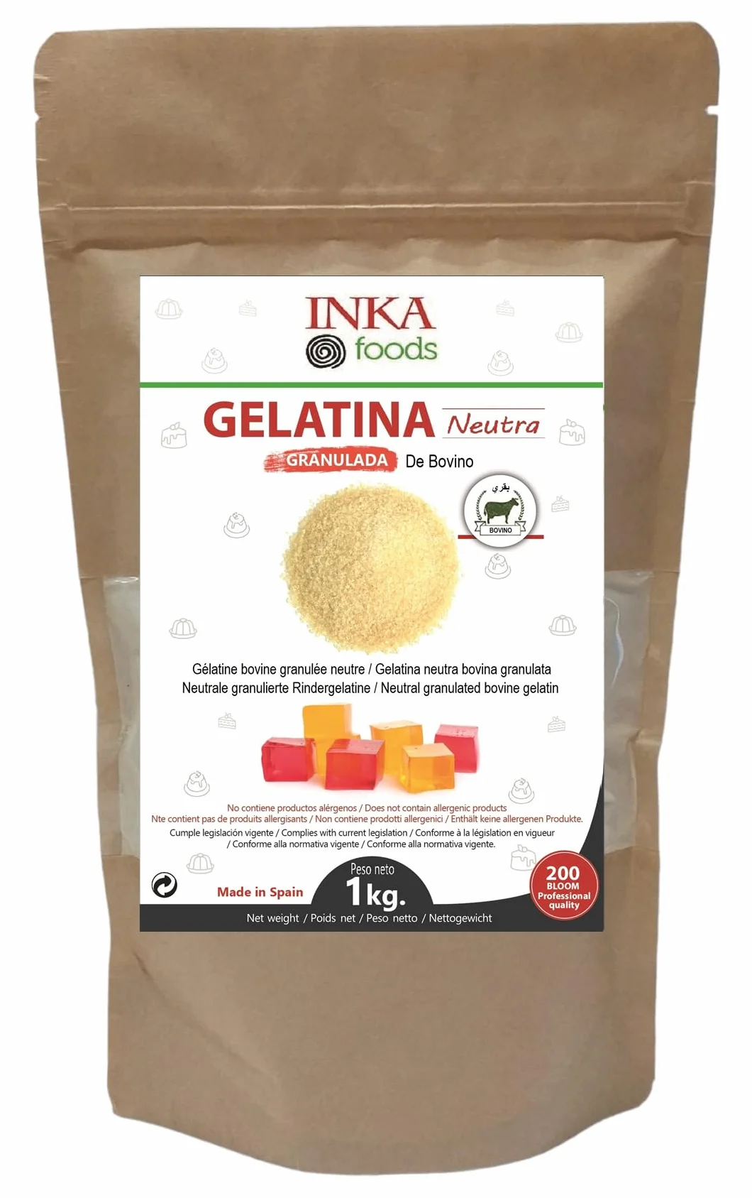 Gelatina granulada de bovino 200 bloom sabor neutro 1kg