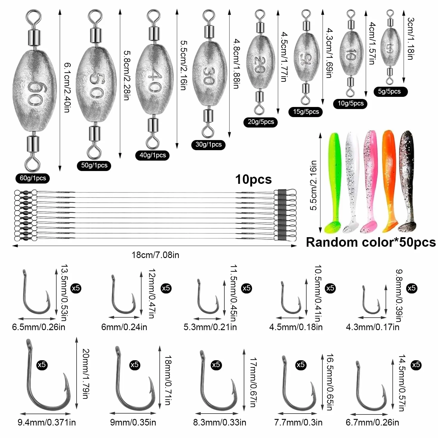 Kit de Plomos Pesca Surfcasting 134 Piezas 5-60g con Giratorio