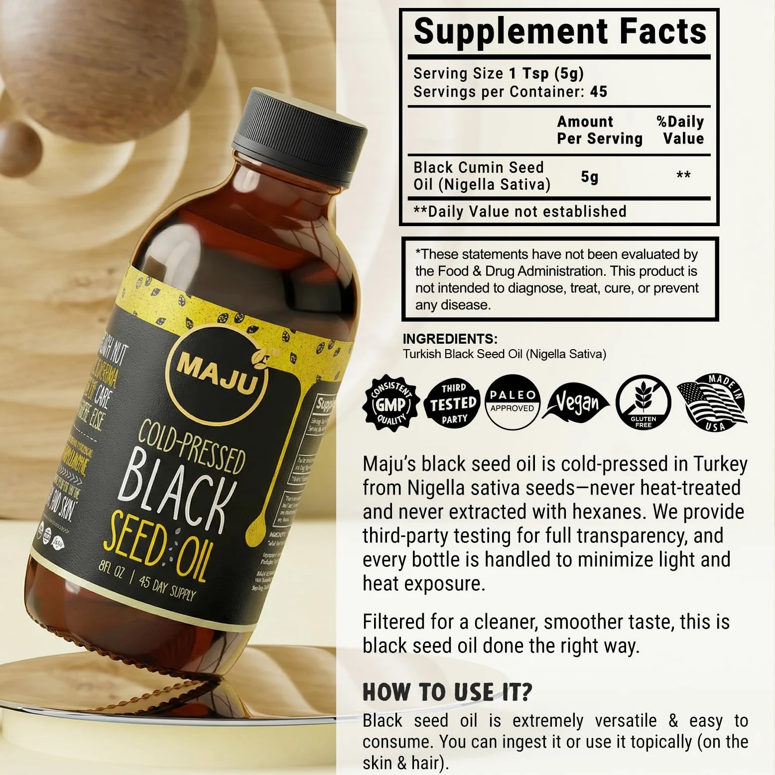 Aceite de semilla negra - 3 veces timoquinona, prensado en frío, 100% aceite de semilla de comino negro turco, aceite de semilla pura líquida, botella de vidrio, 8 onzas