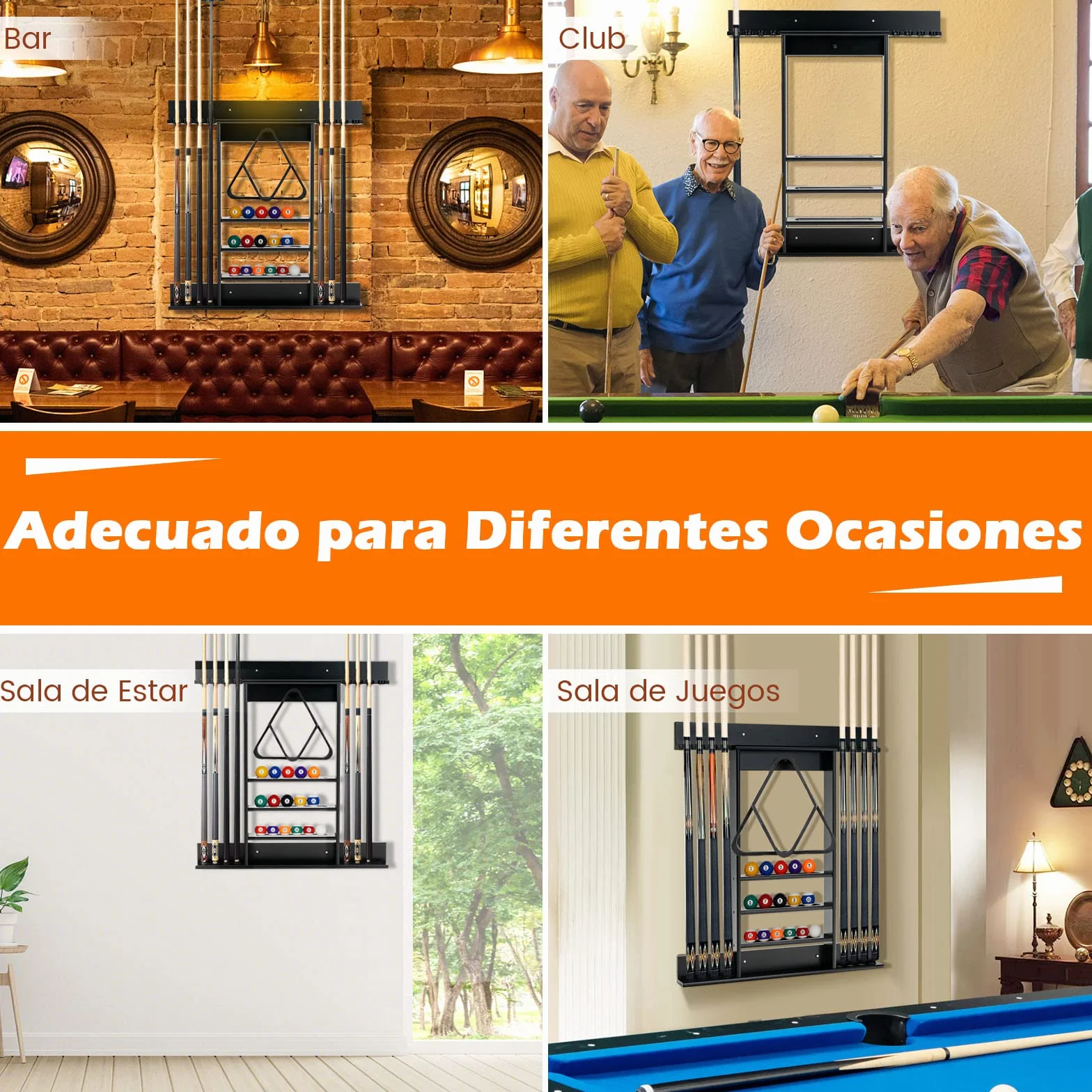 COSTWAY Billar Rack Madera Maciz Estante Palos 8 Tacos 15 Bolas 1 Soporte Equipo Compacto Sala Club Bar Negro