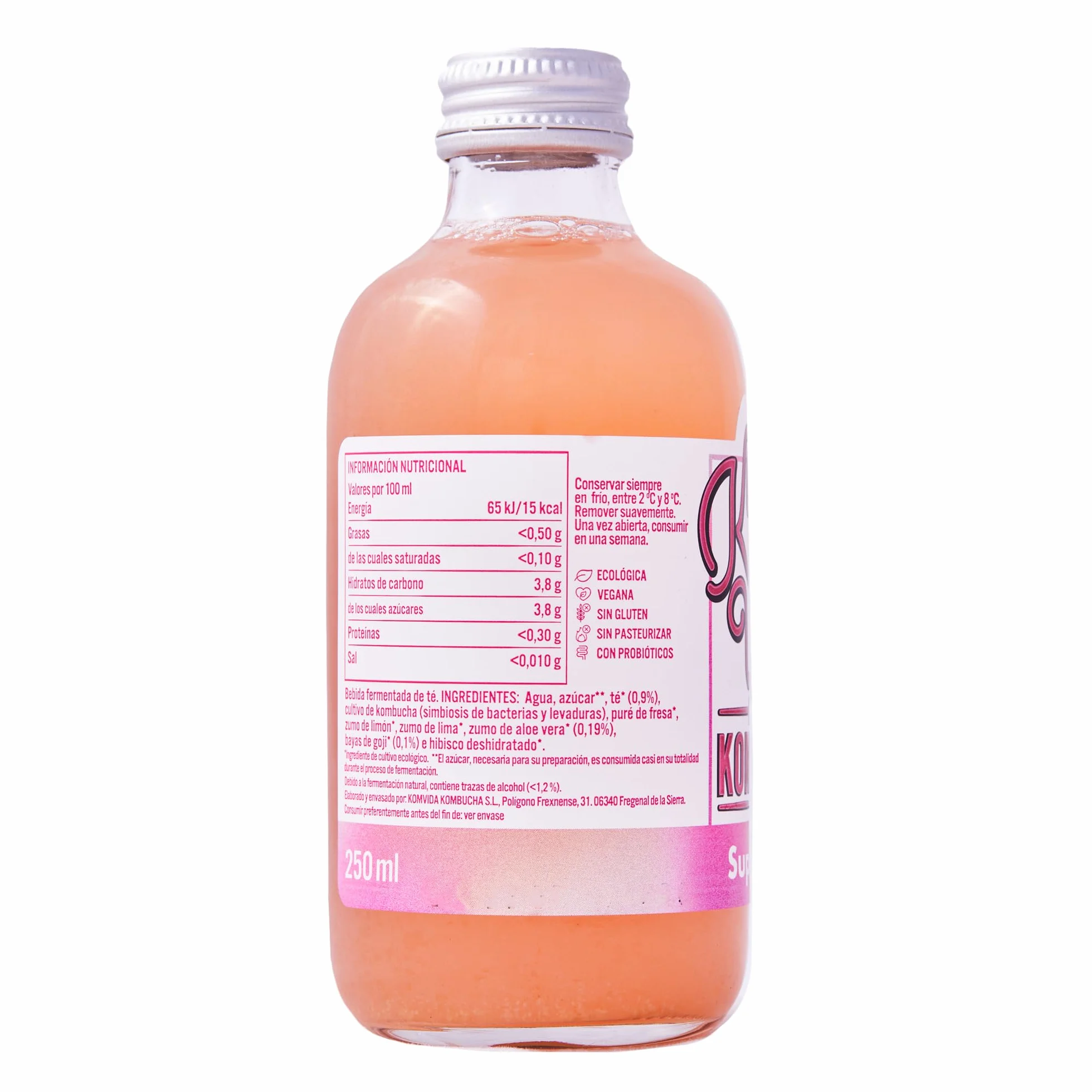 Kombucha Komvida Superglow- Bebida Ecológica de Té fermentado con aloe vera, Sabor Fresa y Lima, Probióticos Naturales, Baja en calorías, 250ml