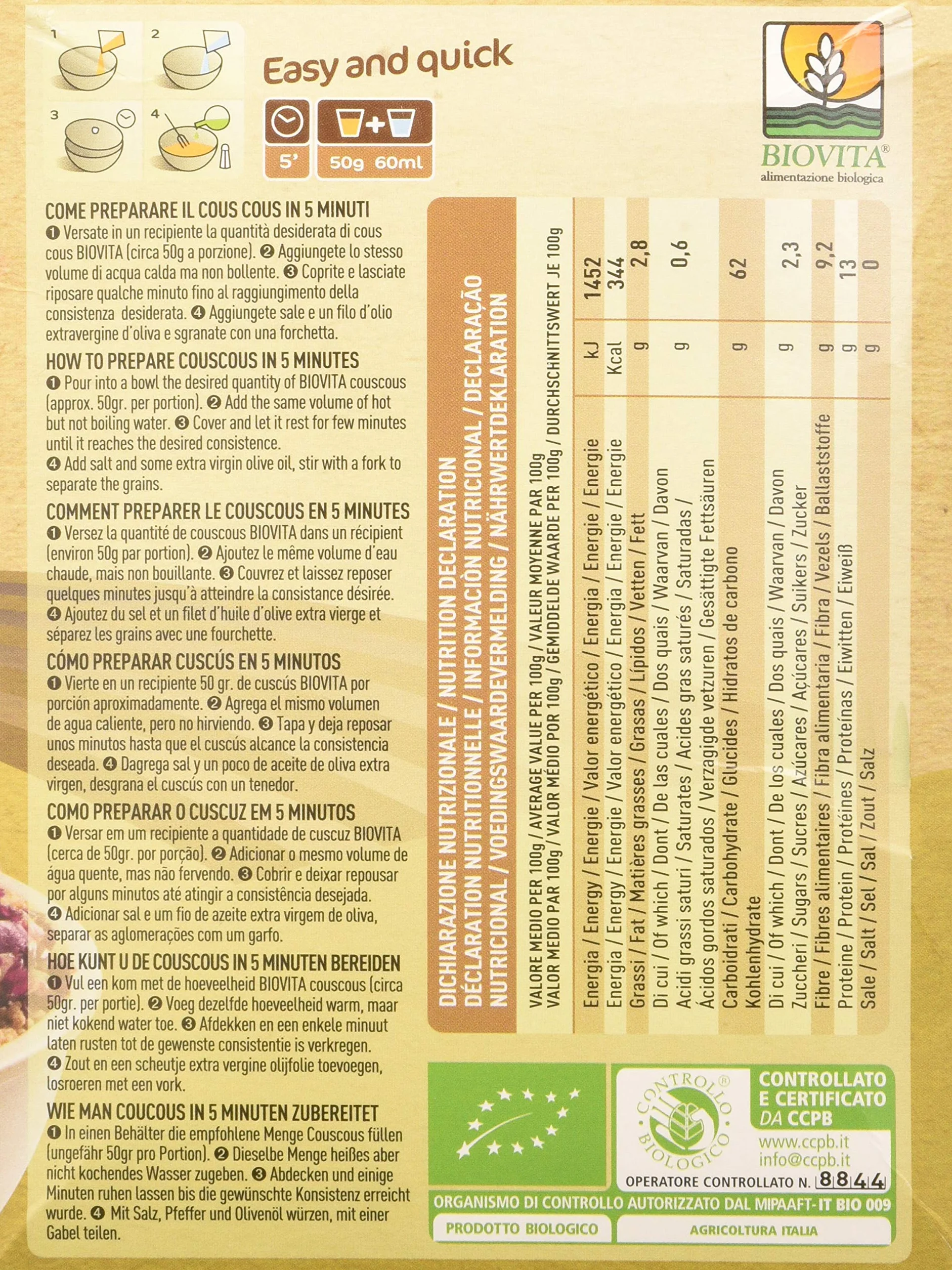 Biovita Cous Cous Espelta 5 Minutos, 500 Gramos