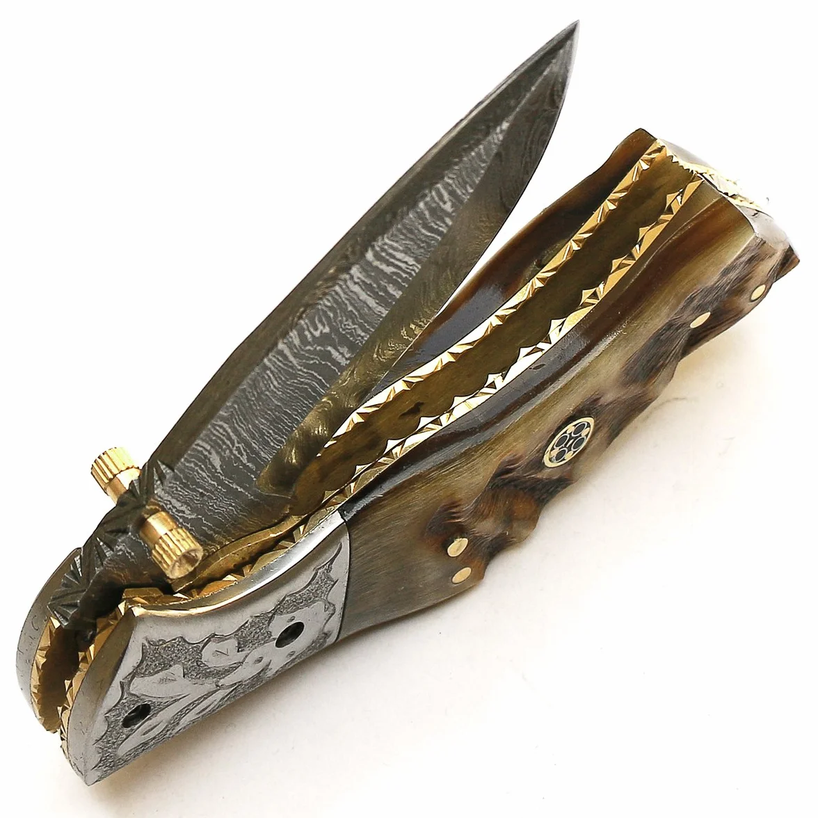 Cuchillo plegable navaja de bolsillo acero Damasco funda cuero artesanal forjado a mano