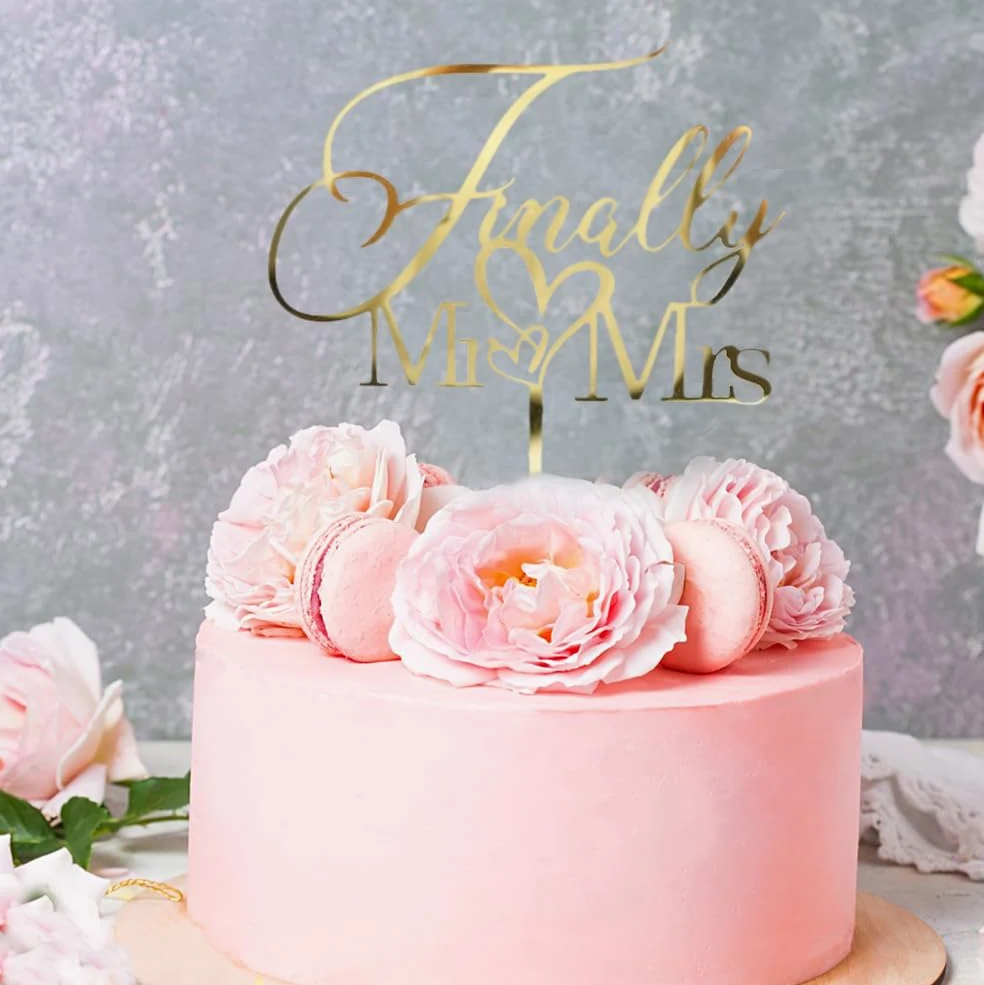 Finally Mr&Mrs - Decoración para tartas de boda, elegante decoración para tartas de aniversario de boda, romántica fiesta de boda (acrílico dorado)