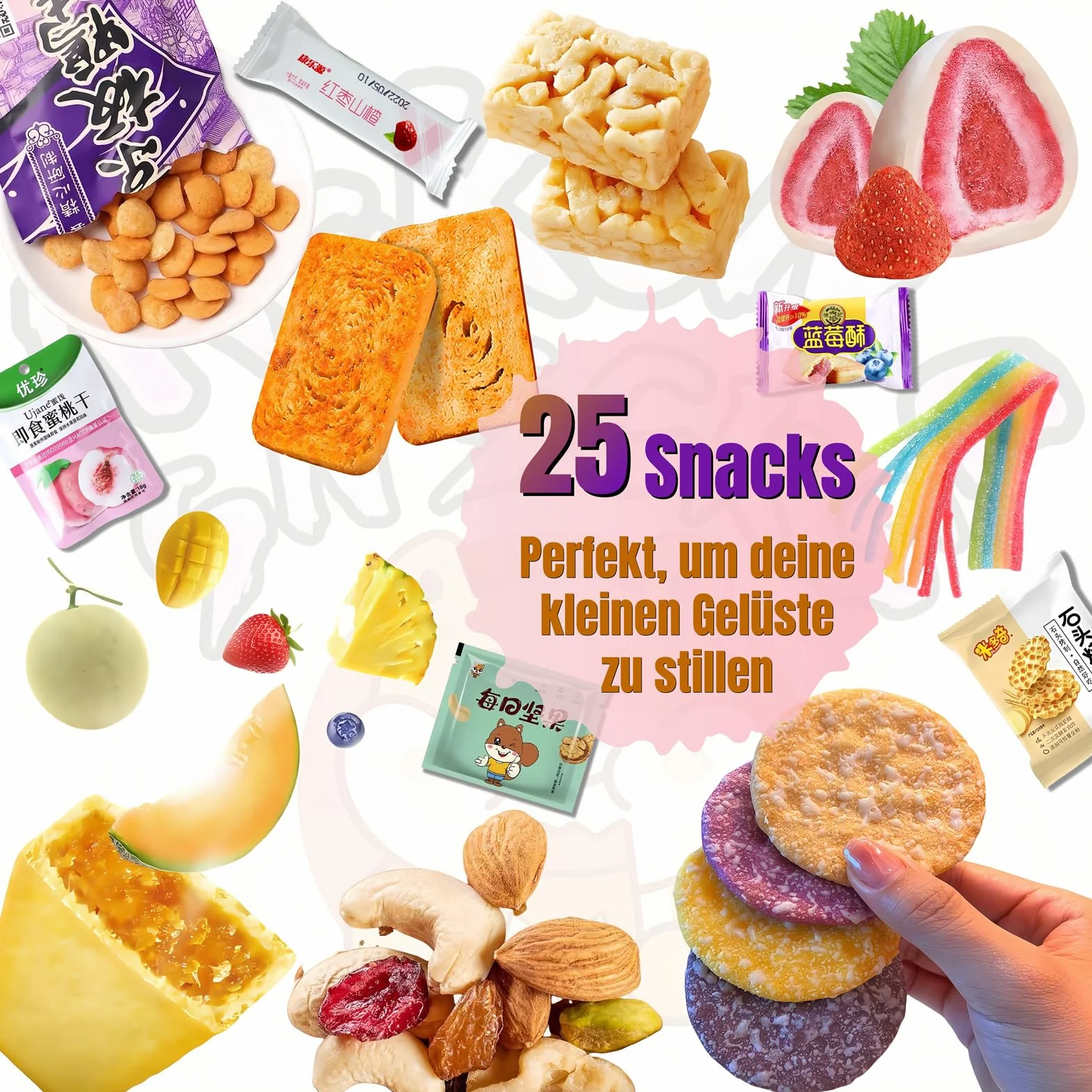McKona-Caja Regalo caja sorpresa XXL de 25 Snacks y Dulces Chinos - Surtido de Galletas, Chocolates y Caramelos Incluye Folleto Informativo - Selección de Golosinas de Todo el Mundo