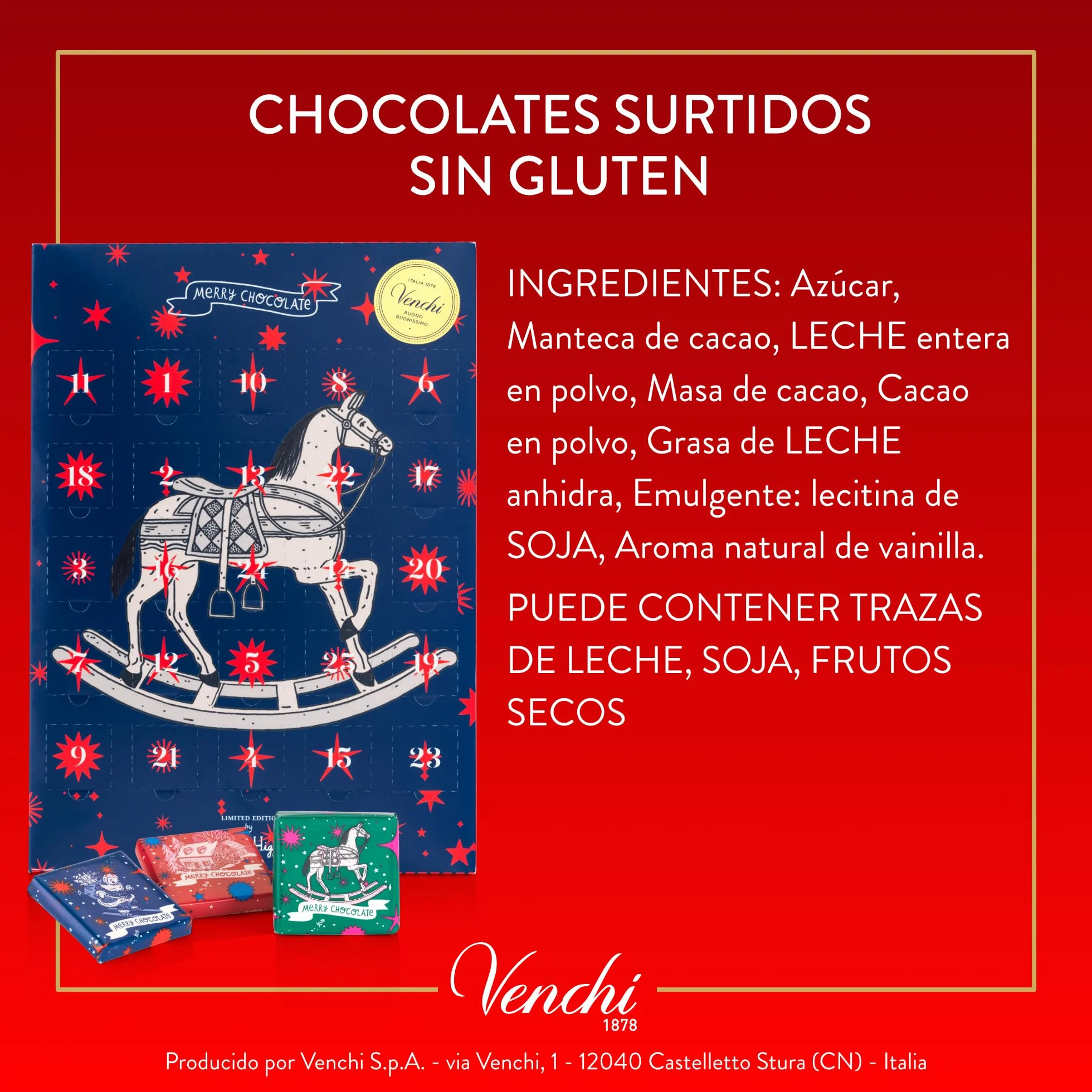 Venchi Calendario de Adviento 181 g 25 Bombones Chocolate con Leche y Negro Navidad