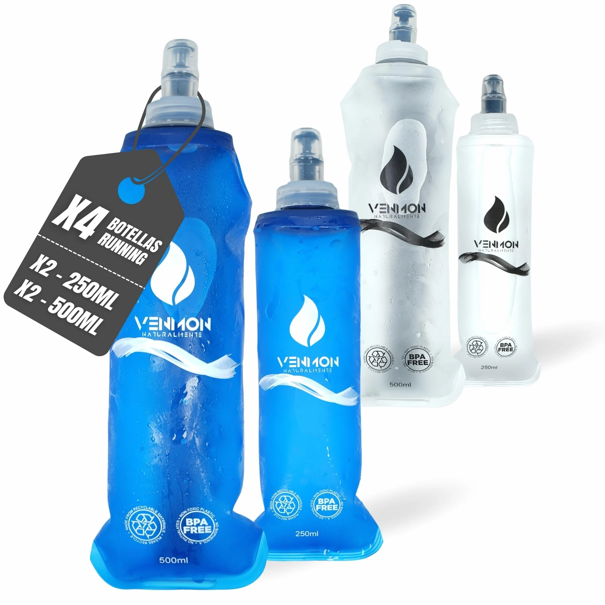 Pack de 4 Soft Flask 250ml y 500ml Botella Plegable Agua Running TPU Libre BPA Válvula Antigoteo