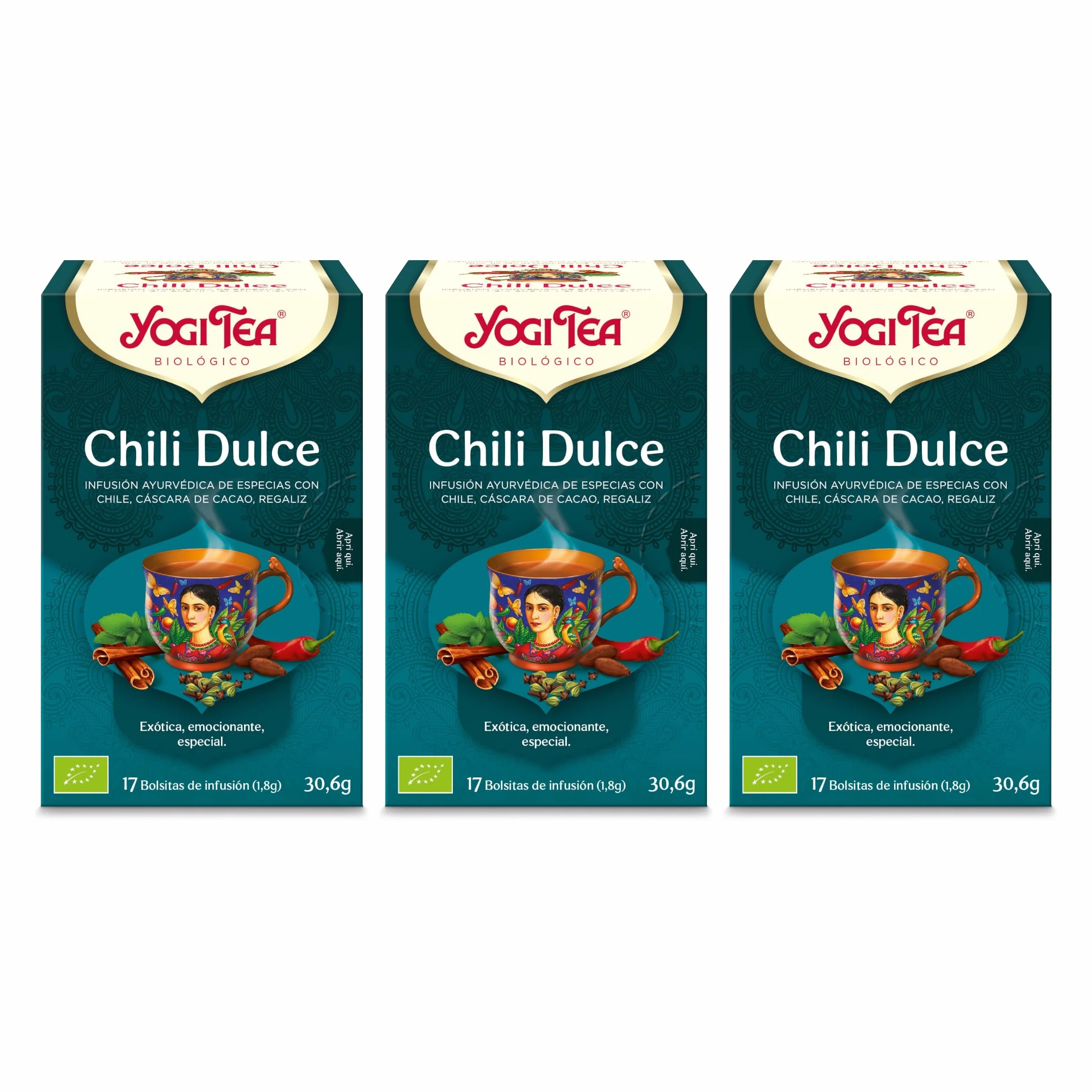 Yogi Tea - Chili Dulce - Infusión Ayurvédica - Mezcla de Cáscara de Cacao, Chili y Regaliz - Pack de 3x17 bolsitas (51 en total)