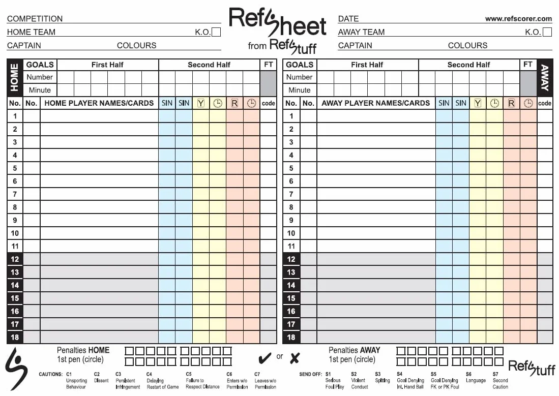 Hojas de puntuación de árbitro de fútbol RefSheet (paquete de 50)