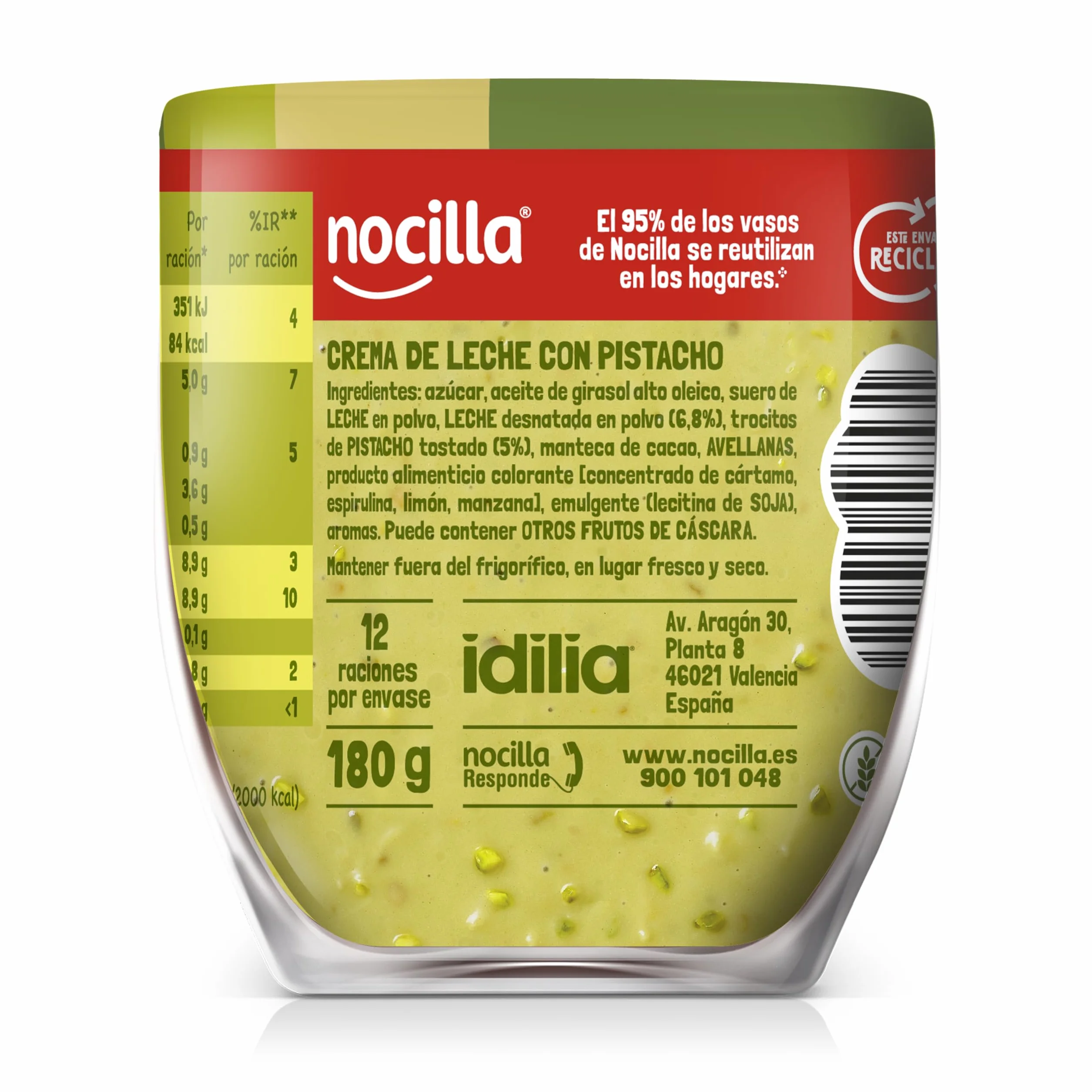 Nocilla Pistacho Crema de Cacao Sin Aceite de Palma, 180g, Sin Gluten