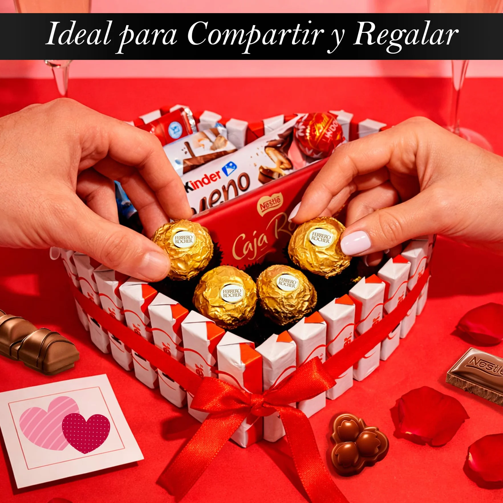 Corazón Sorpresa Regalo Dia del Padre con +40 Bombones y Chocolates – Ferrero Rocher, Lindt Lindor, Caja Roja, Kinder – Tarjeta Personalizada y Presentación Especial