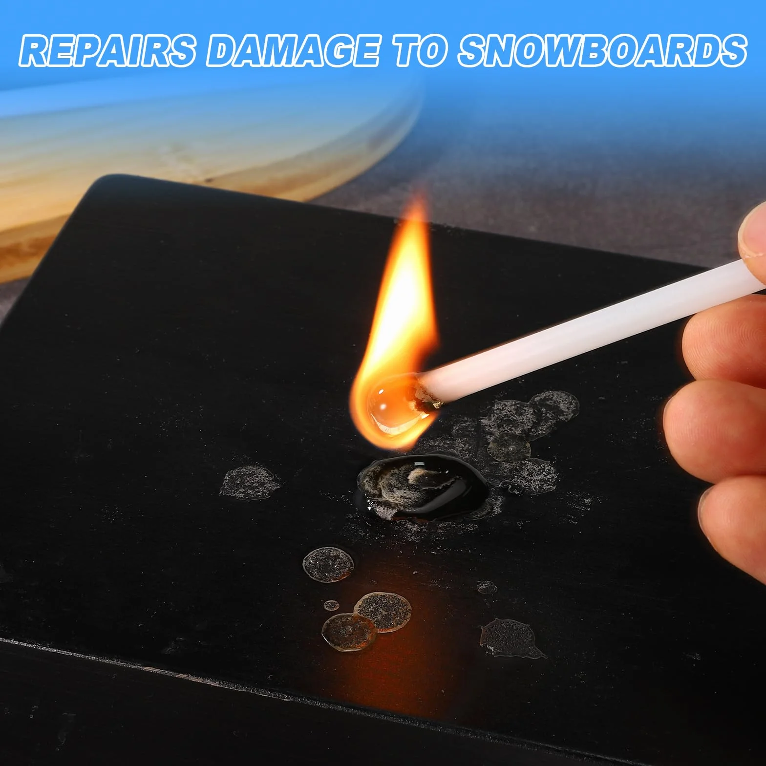 Kit Reparacion Snowboard 8uds, 6mm Palo Reparación de Esqui con Papel de Lija de 4 Estructuras, Mantenimiento Esquí, Proteger Esquís y Snowboard Blanco