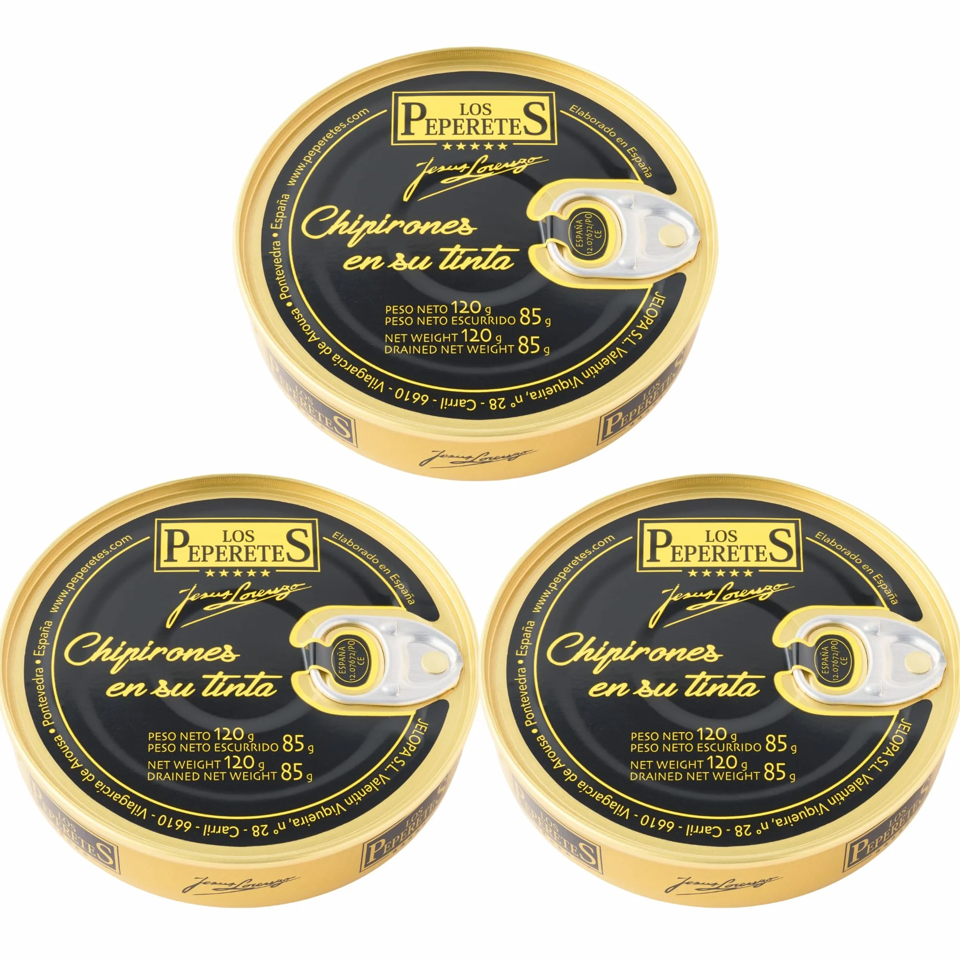 LOS PEPERETES x3 Lata Chipirones en su Tinta 120 g | Marisco Gallego Gourmet | Conserva Artesanal del Atlántico con Salsa de Tinta Natural | Chipiron Relleno en su Propia Salsa | Sabor Tradicional