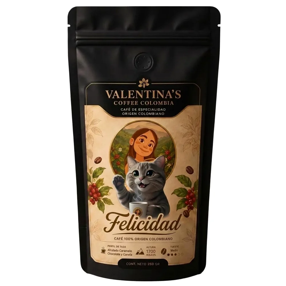 Valentina's Coffee | Felicidad | 1000 gr | En Grano | Sabor Caramelo cacao. canela | Intensidad Media | 100% Café Colombiano de Especialidad
