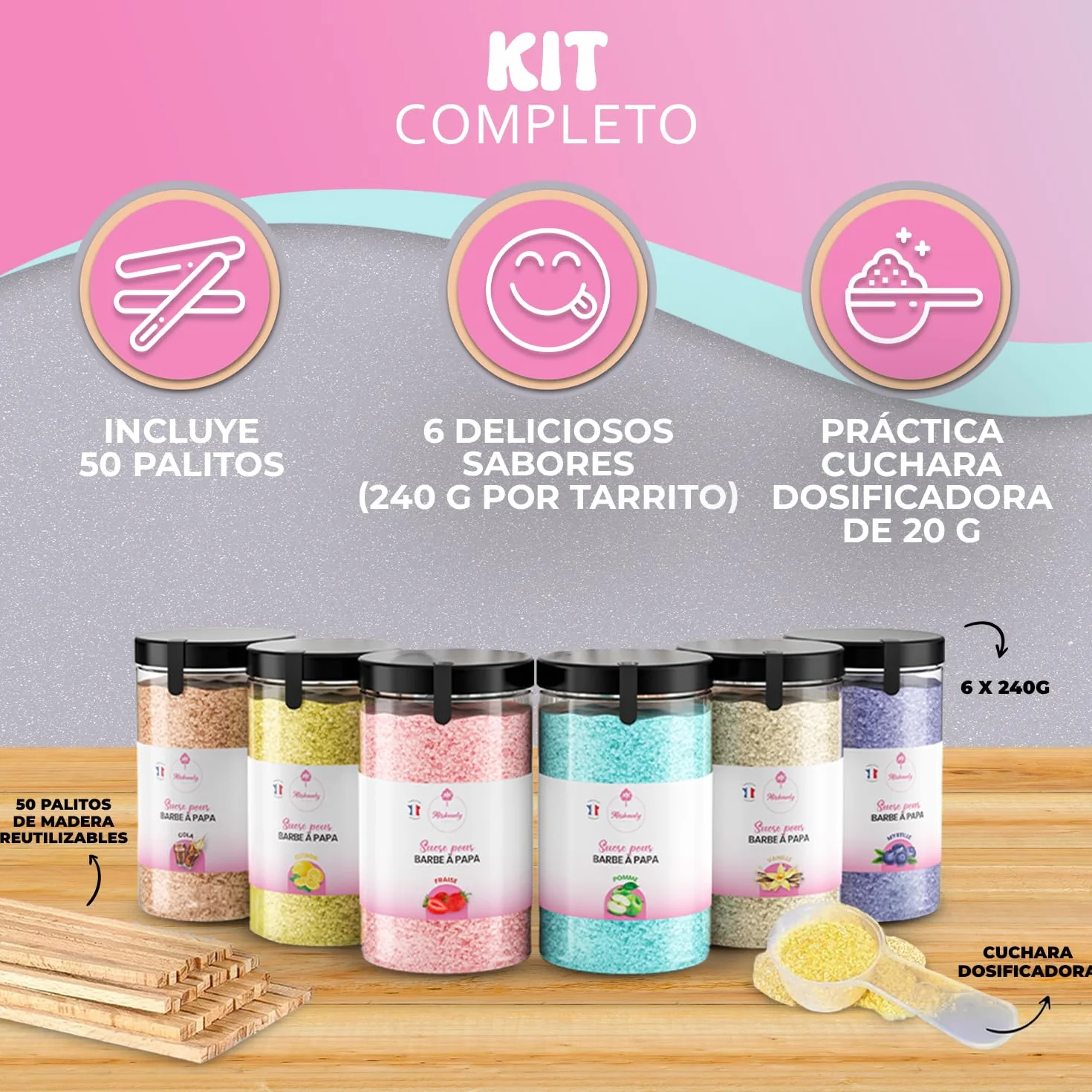 Misskandy® Kit de azúcar de algodón de 6 sabores, 72 porciones - Incluye 50 palitos para máquina de algodón de azúcar - Los sabores incluyen cola, vainilla, fresa, arándano, limón y manzana