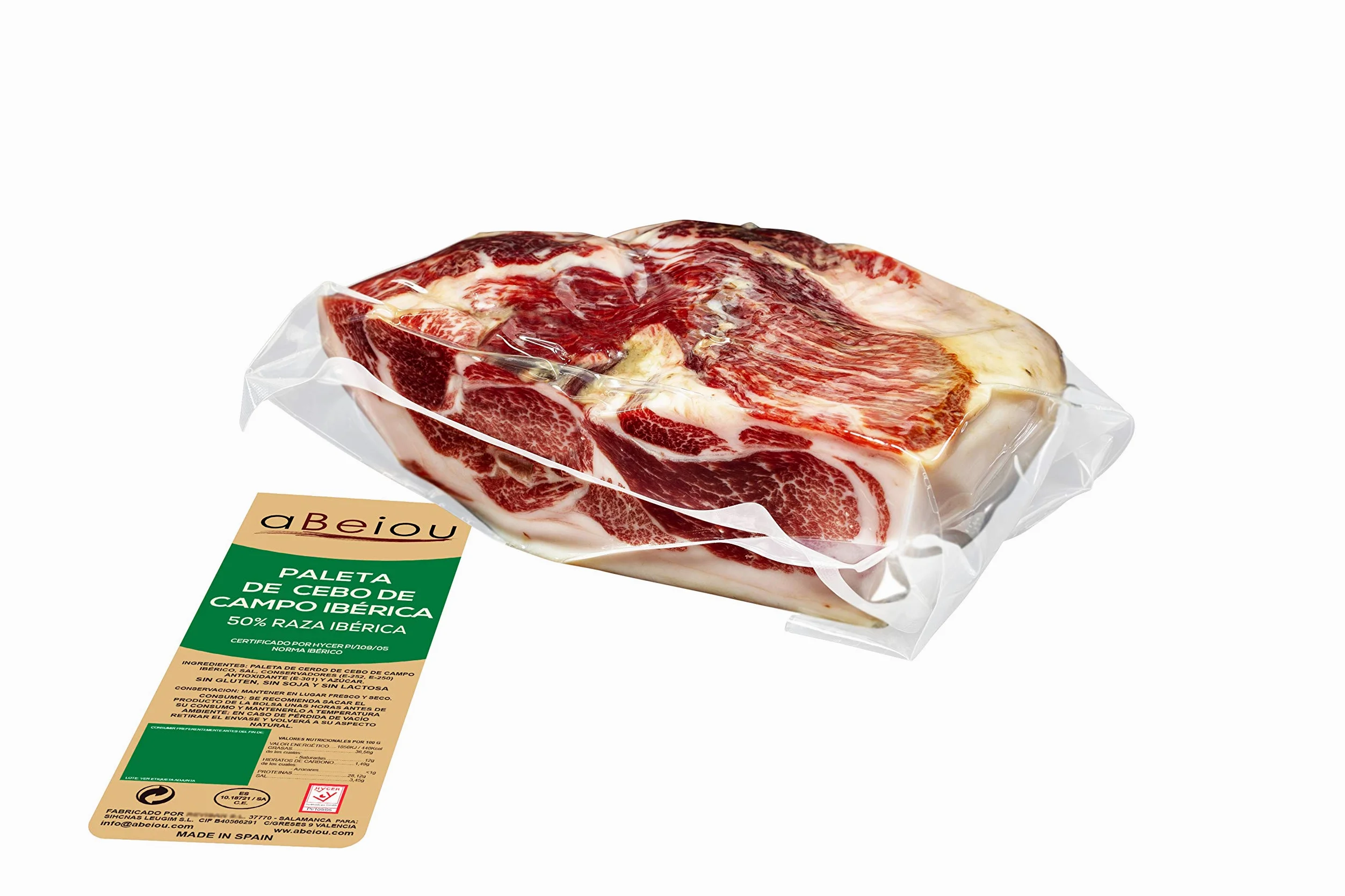 Paleta Ibérica de Cebo de Campo Deshuesado Sin Hueso 50% Raza Ibérica 1 kg — Curación +28 Meses — Cert. Hycer — Guijuelo Salamanca — aBeiou