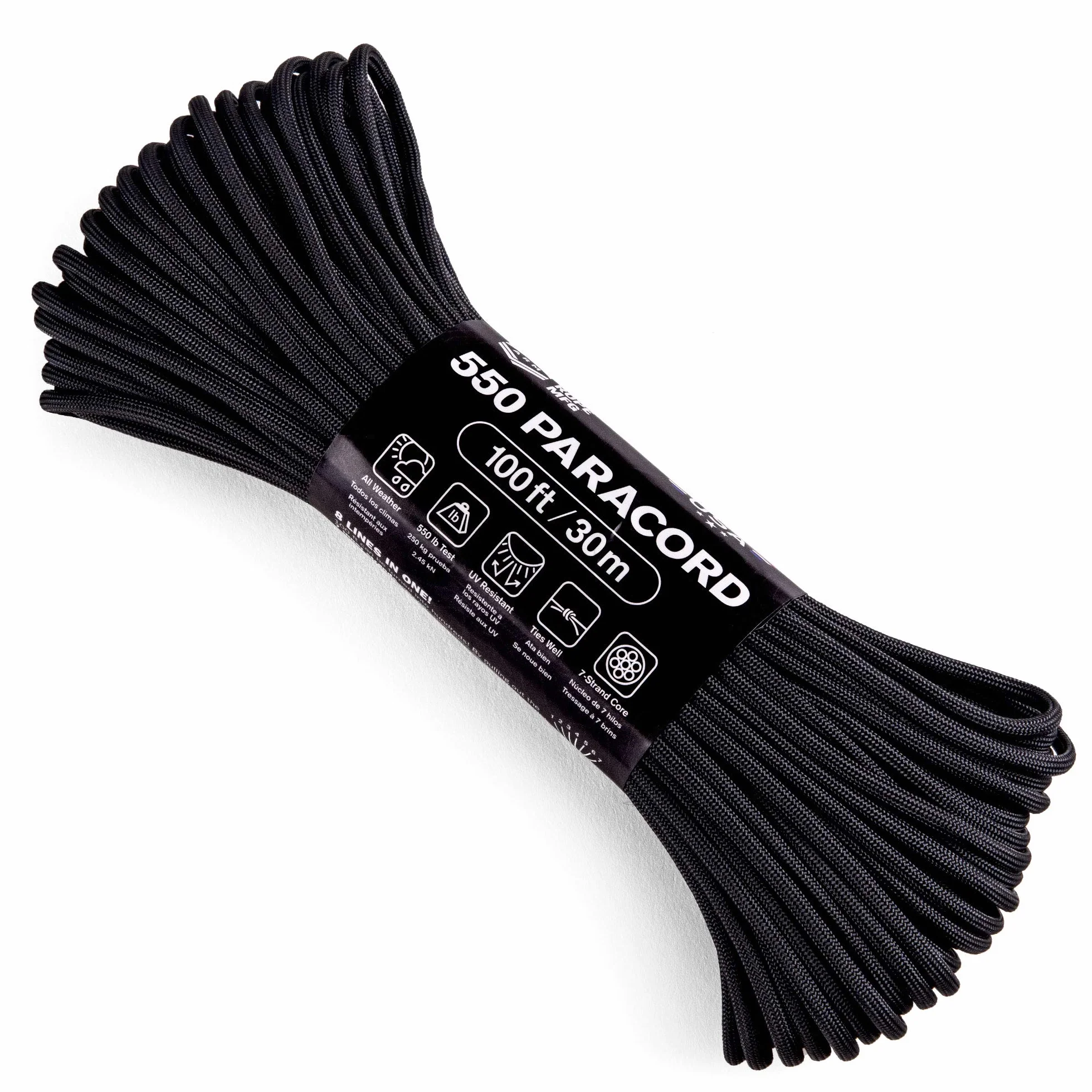 Atwood Rope MFG 550 Cuerda de paracaídas de nailon 100 pies, 7 hebras, núcleo, hecha en EE. UU., negro