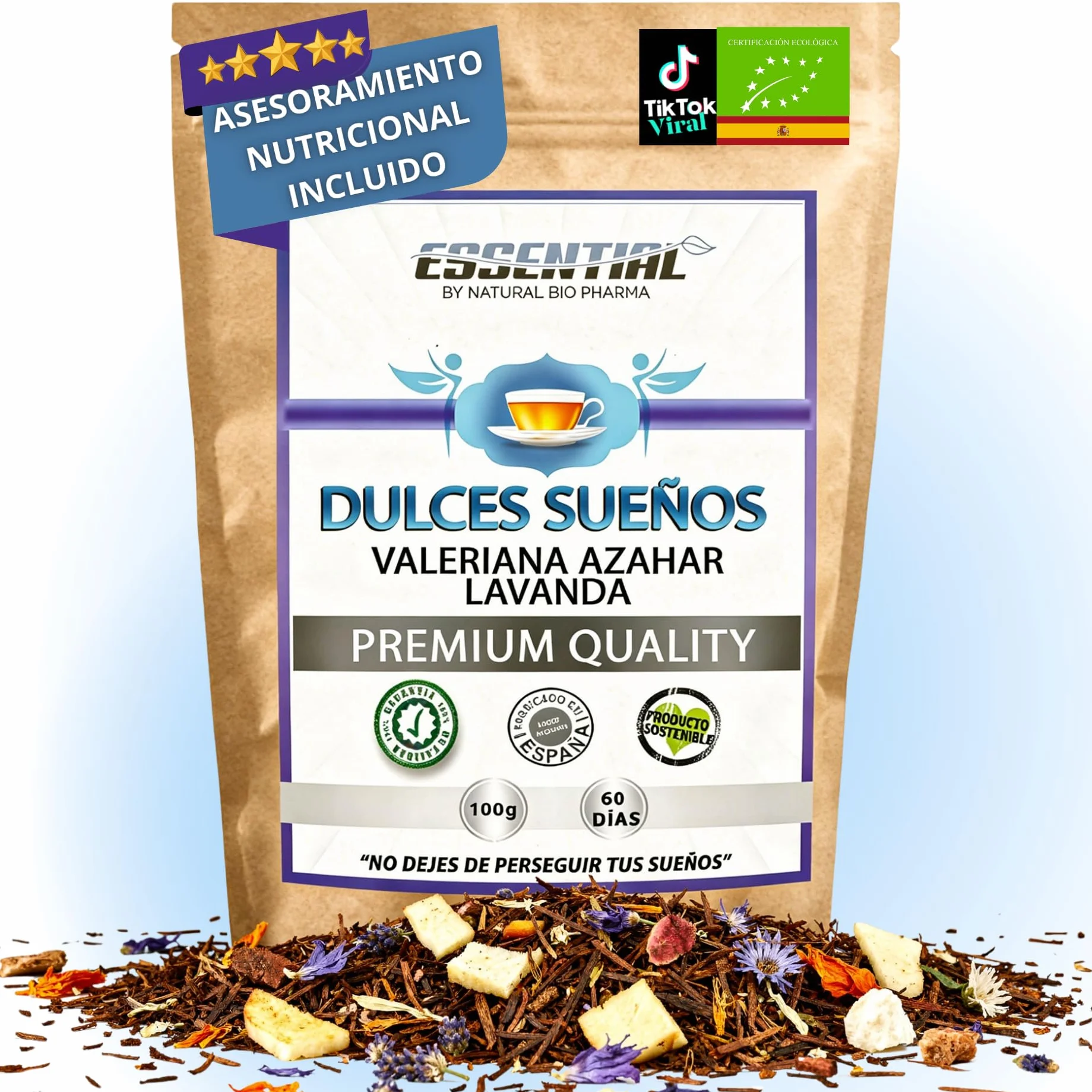 Duerme bien. Infusiones Relajantes para la Ansiedad y para Dormir Profundo toda la Noche. Rooibos de Valeriana, Lavanda, Malva, Azahar y Manzana. Sueño Profundo con esta Infusión Relajante para Dormir